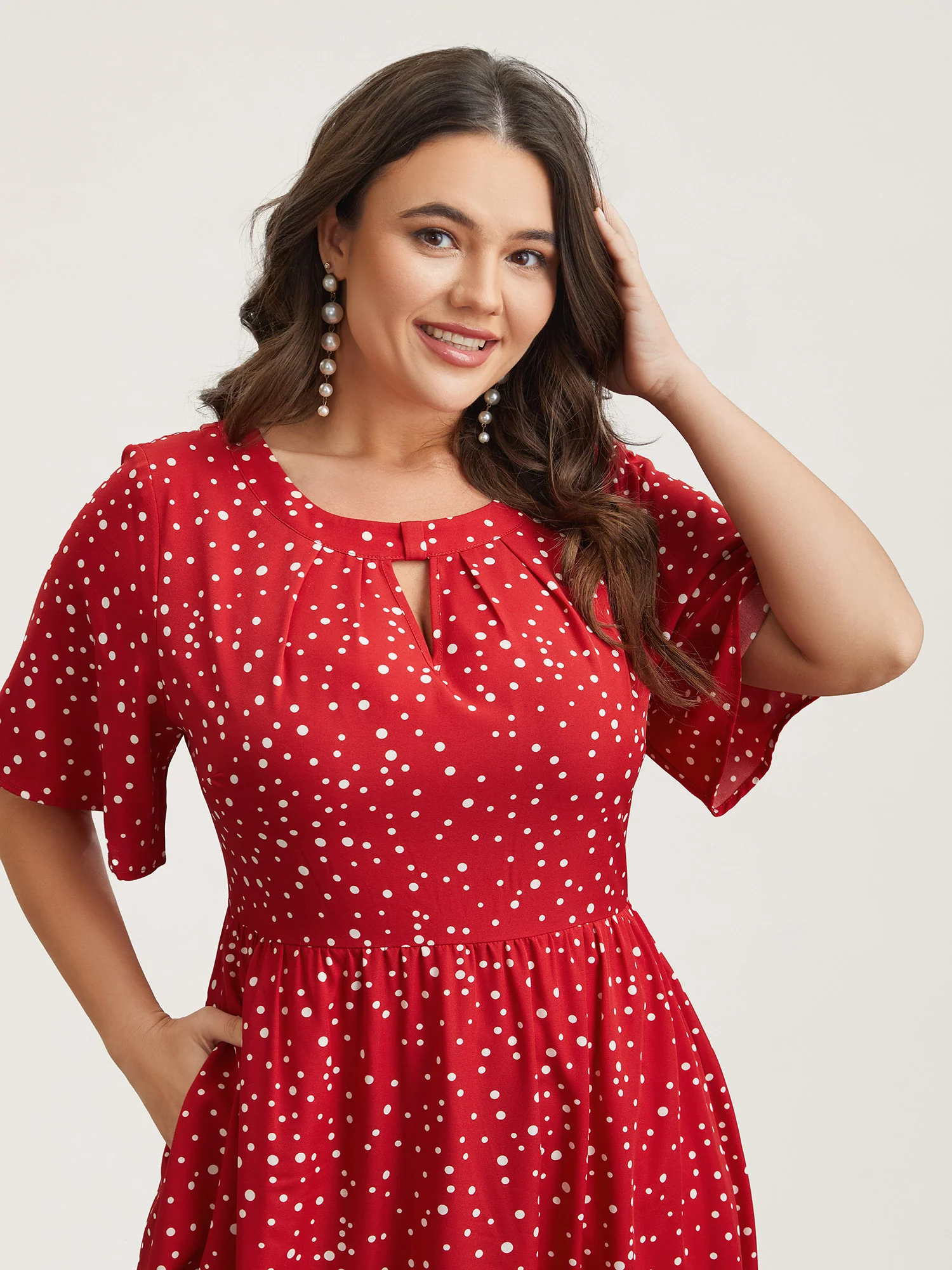 Polka Dots Print Cut-Out Flutter Sleeve Midi Dress - Image 2