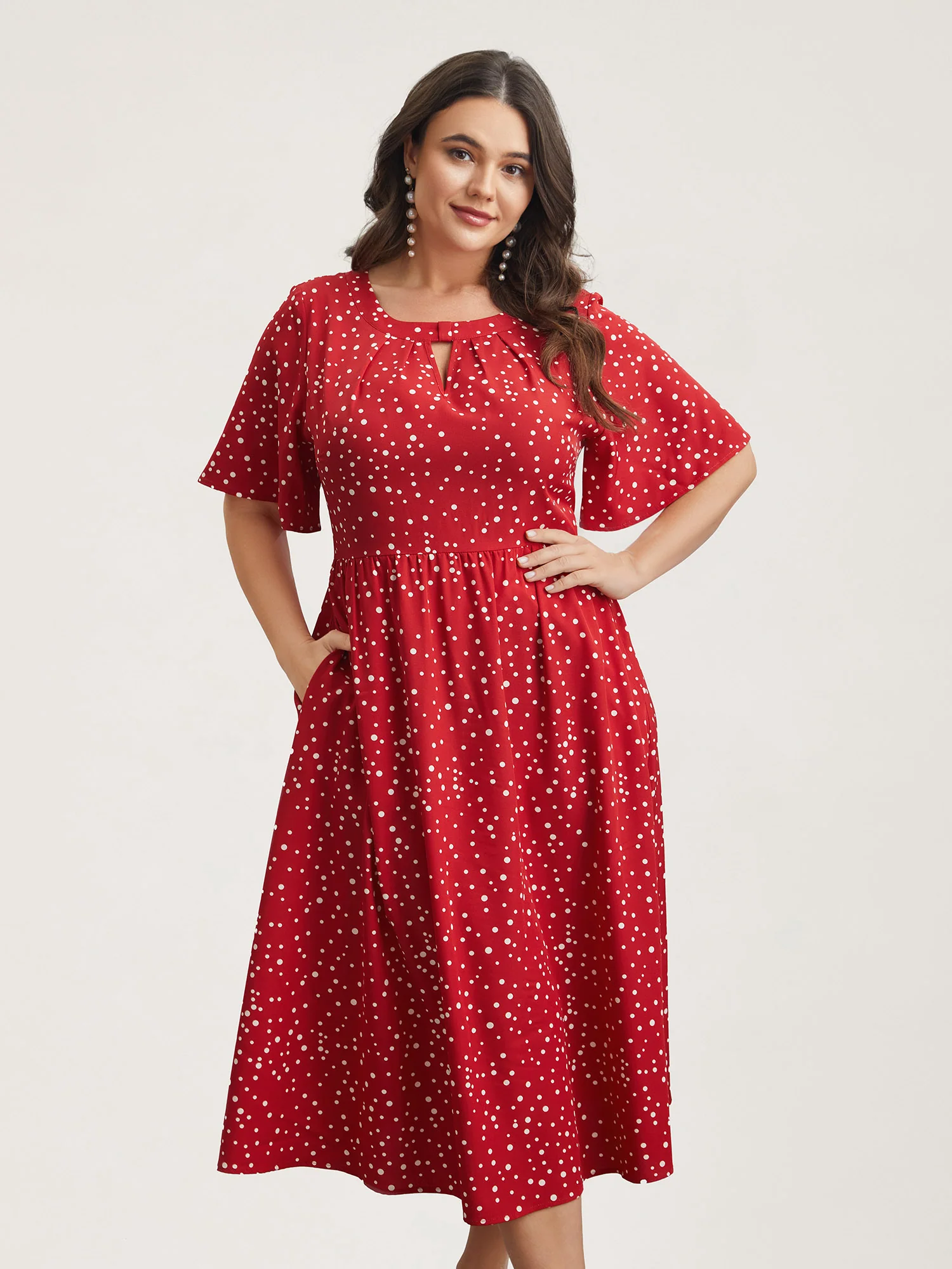 Polka Dots Print Cut-Out Flutter Sleeve Midi Dress - Image 3