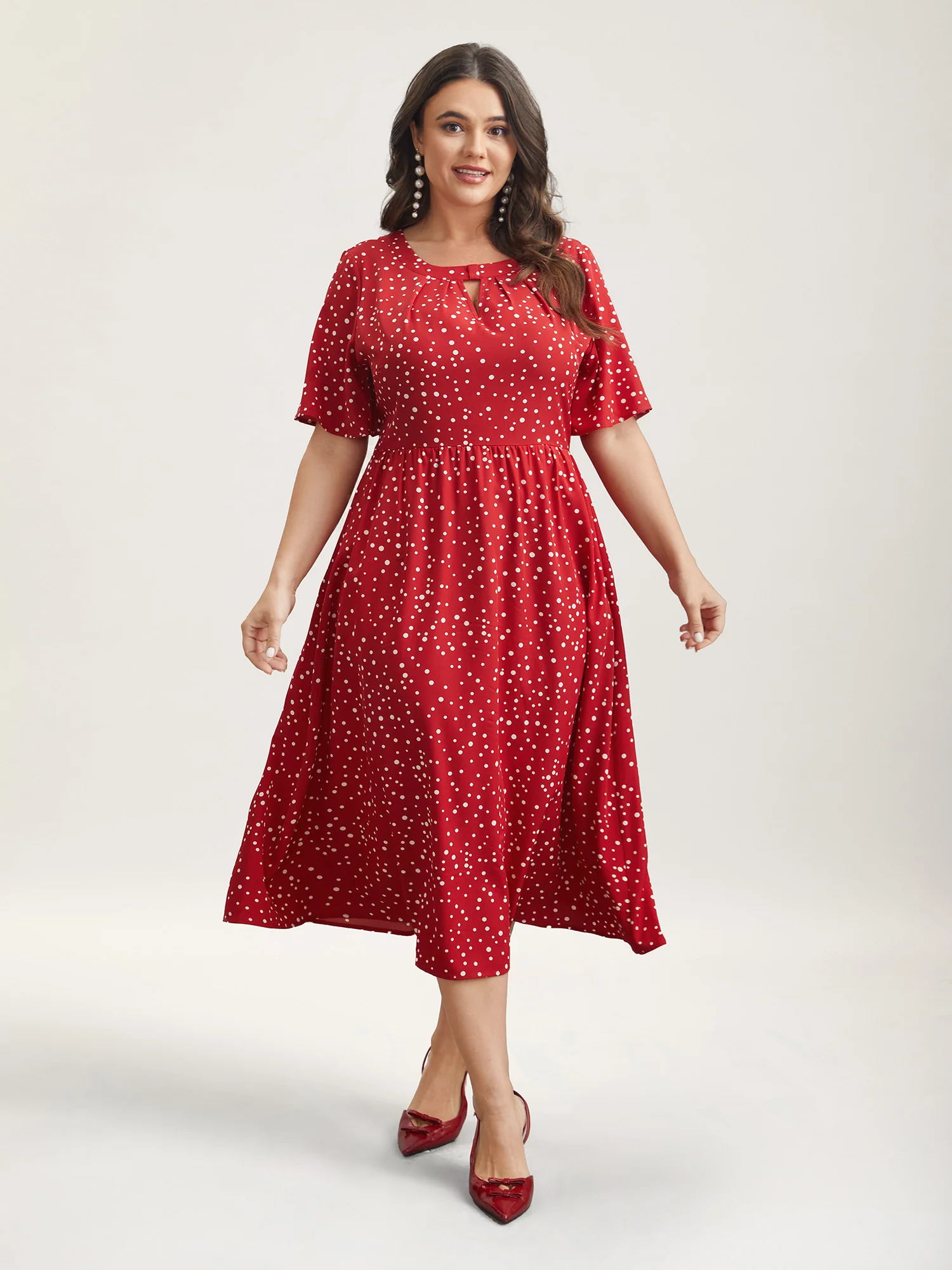 Polka Dots Print Cut-Out Flutter Sleeve Midi Dress - Image 4