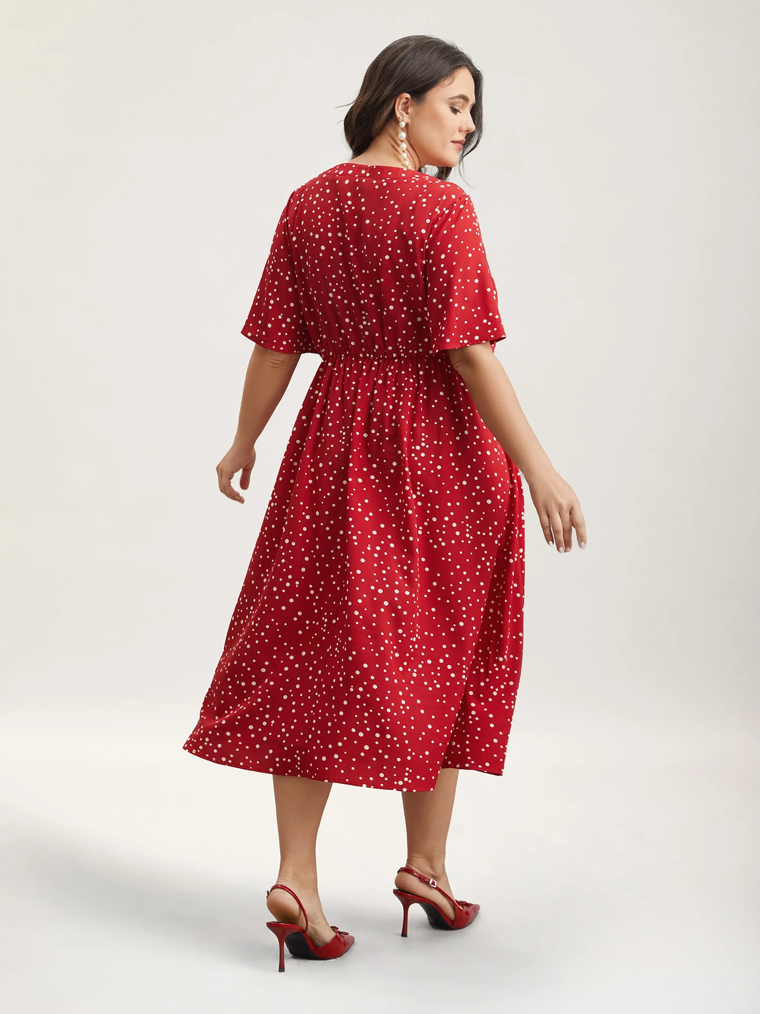 Polka Dots Print Cut-Out Flutter Sleeve Midi Dress - Image 5