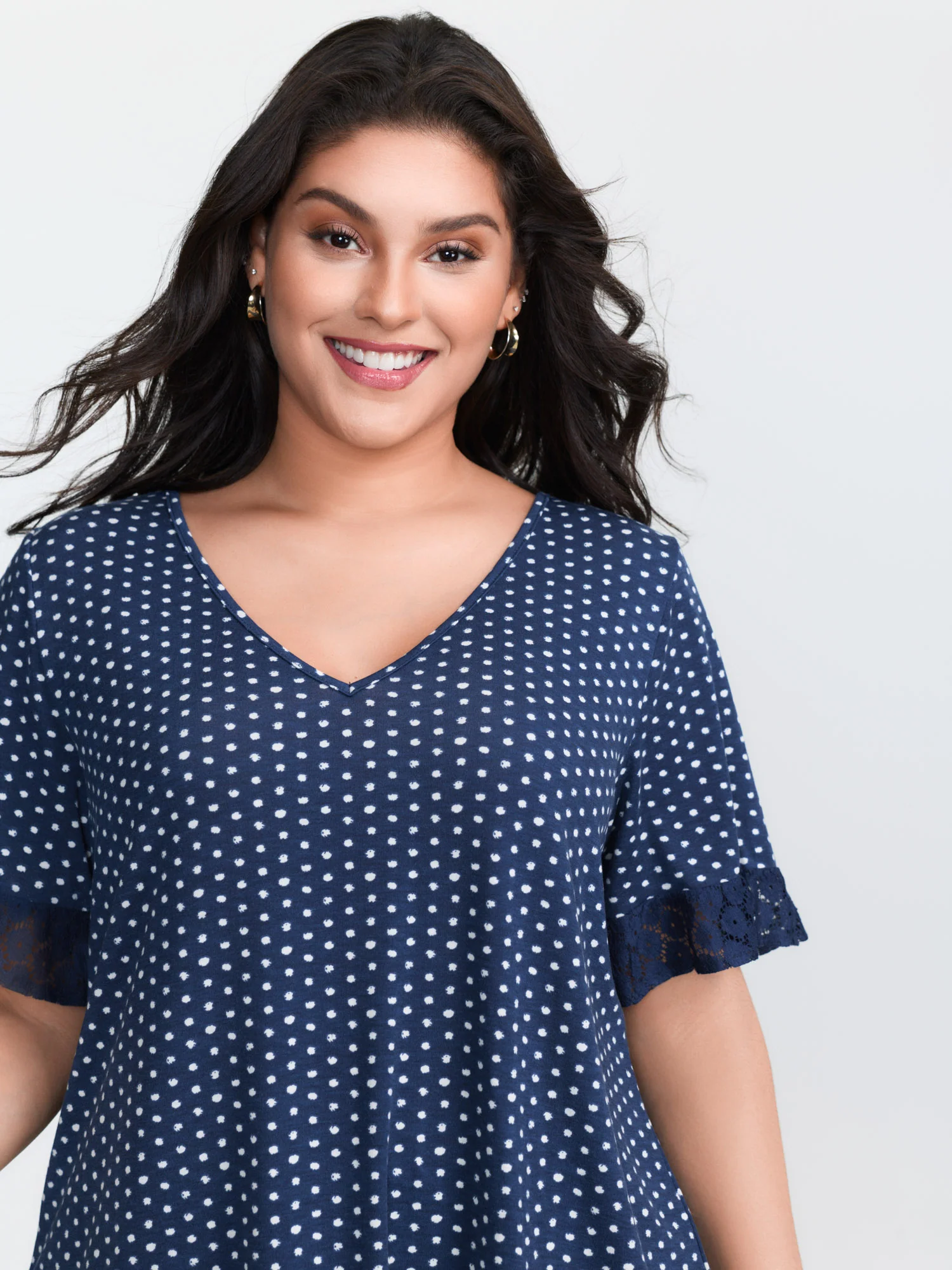 Polka Dots Print Lace Trim Knit Top - Image 2