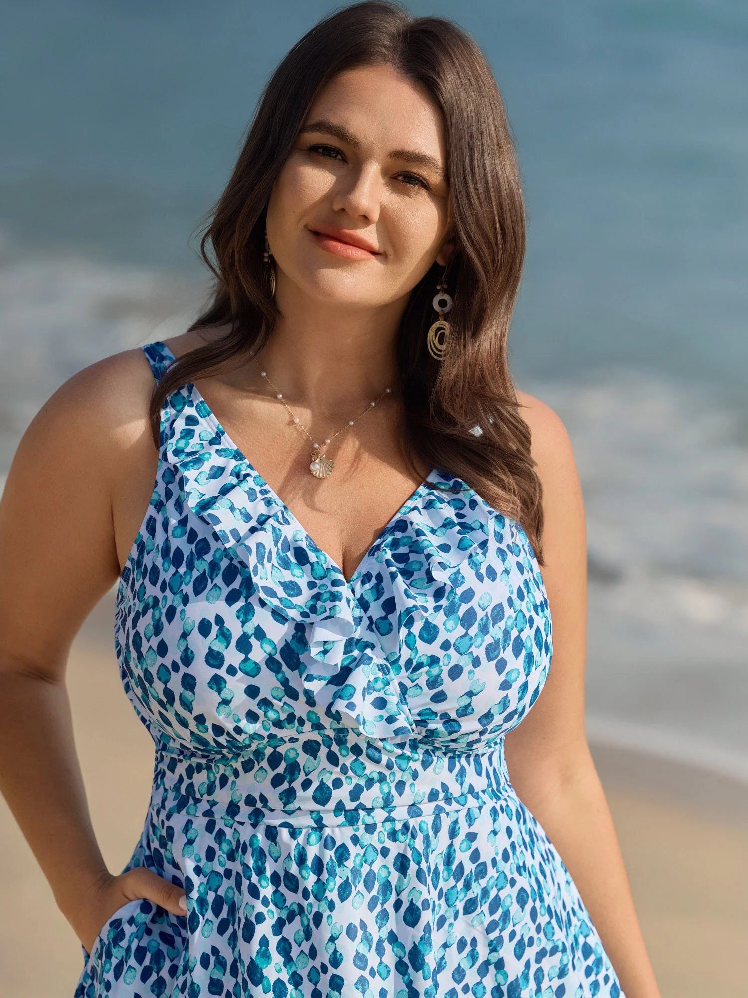 Polka Dots Print Pockets Swim Dress - Image 2