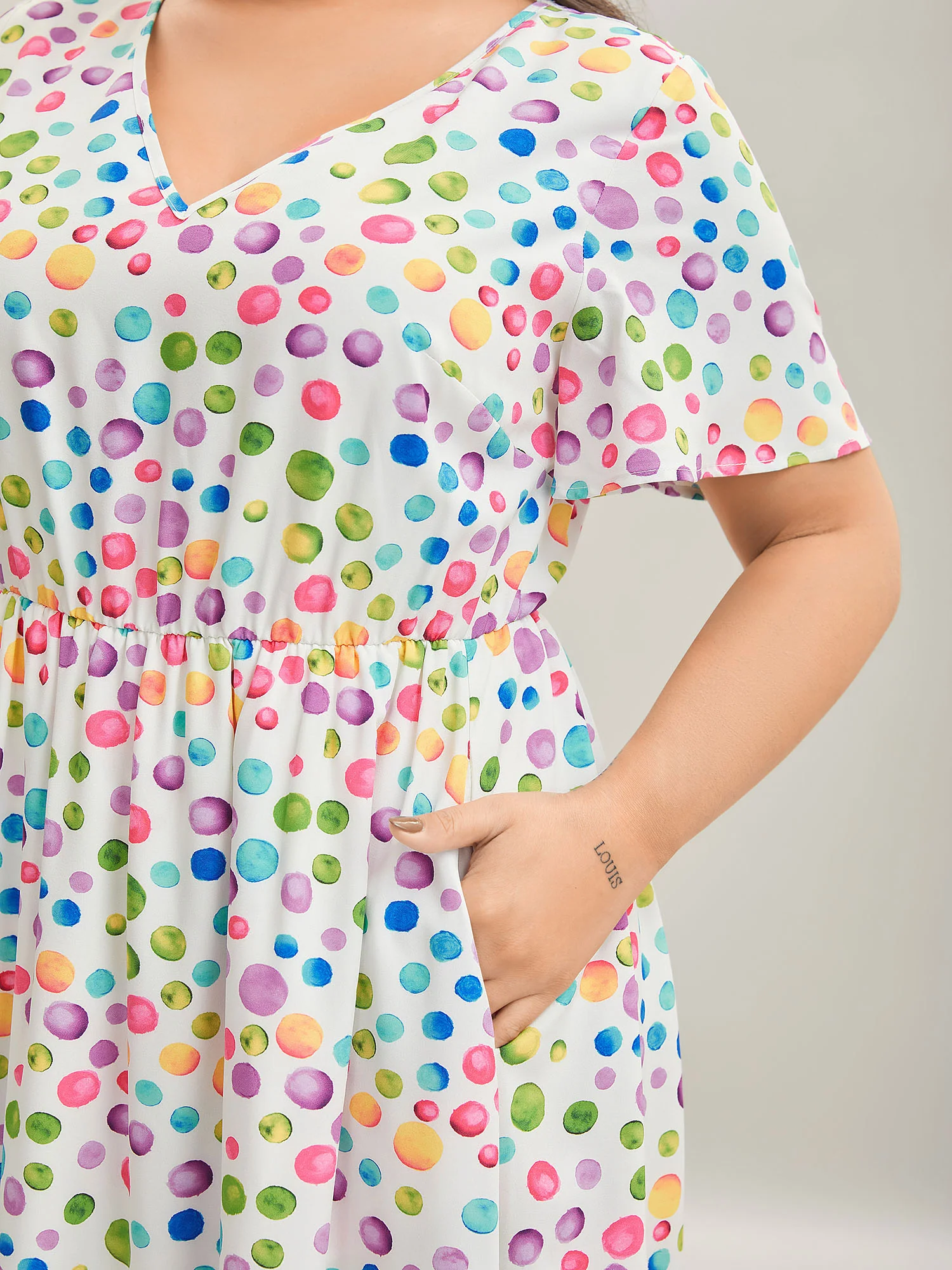 Polka Dots Print Pockets V-Neck Midi Dress - Image 2