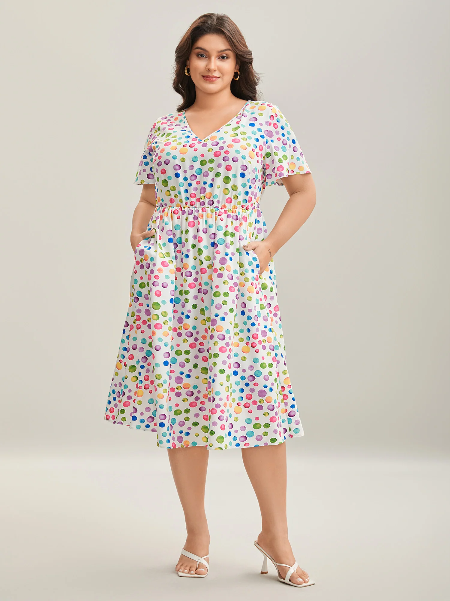 Polka Dots Print Pockets V-Neck Midi Dress - Image 3