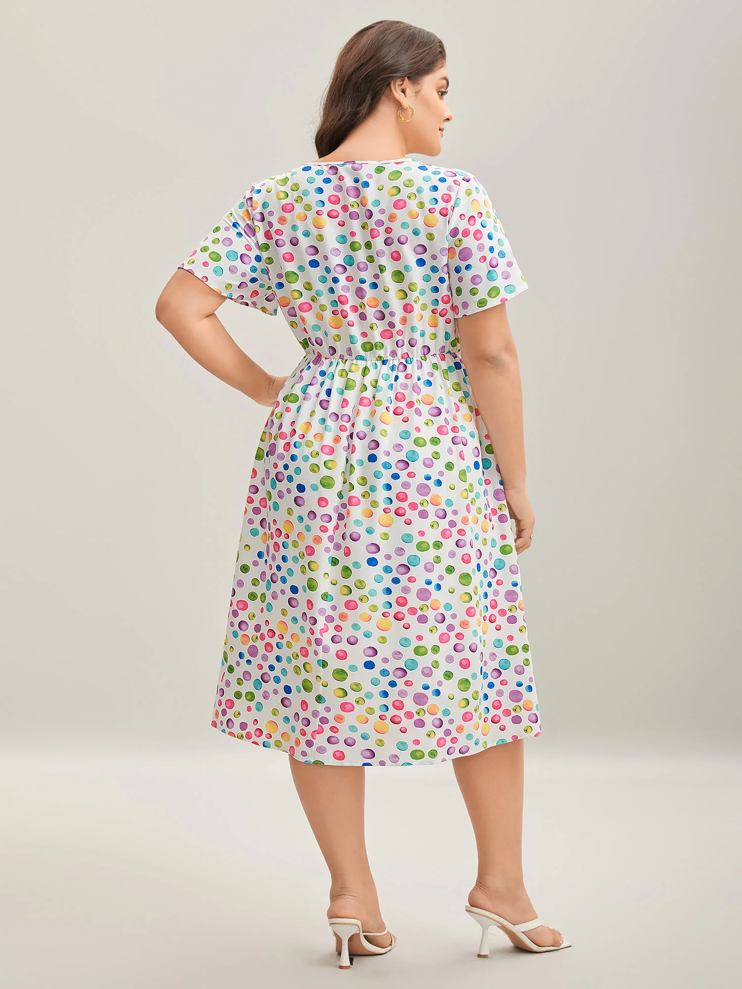 Polka Dots Print Pockets V-Neck Midi Dress - Image 4
