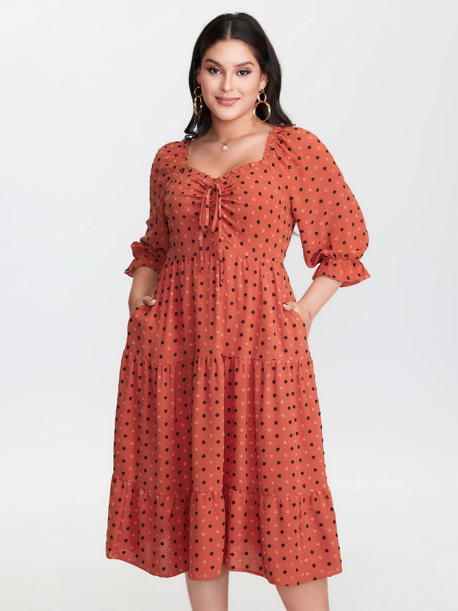 Polka Dots Ruched Drawstring Tiered Midi Dress - Image 2