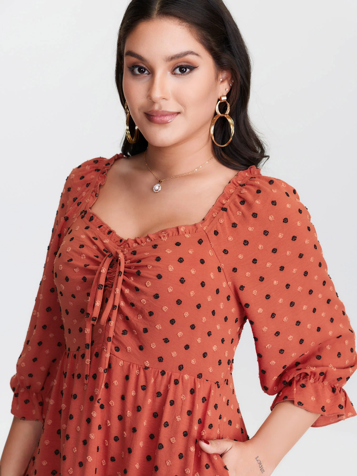 Polka Dots Ruched Drawstring Tiered Midi Dress - Image 3