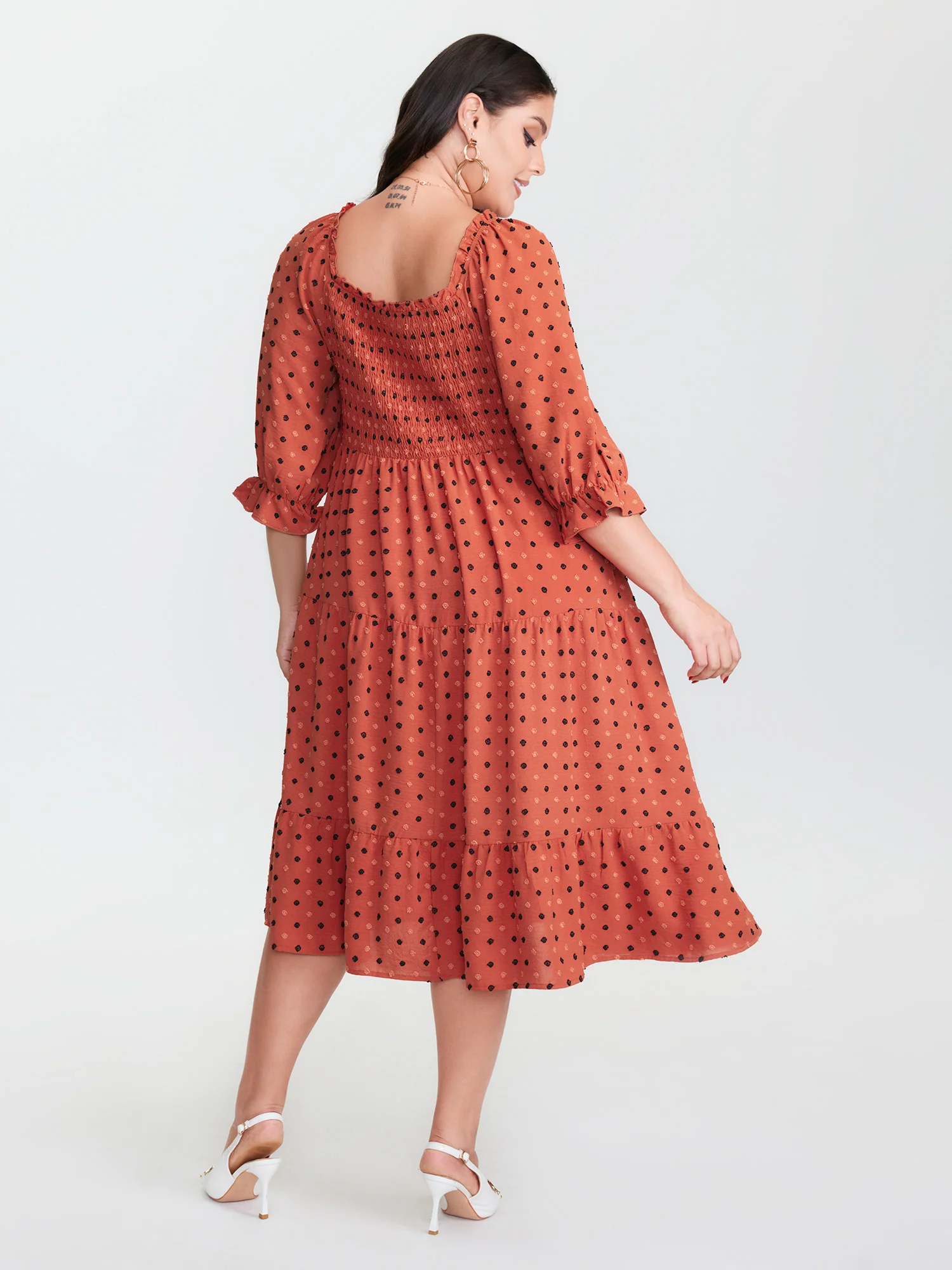 Polka Dots Ruched Drawstring Tiered Midi Dress - Image 4