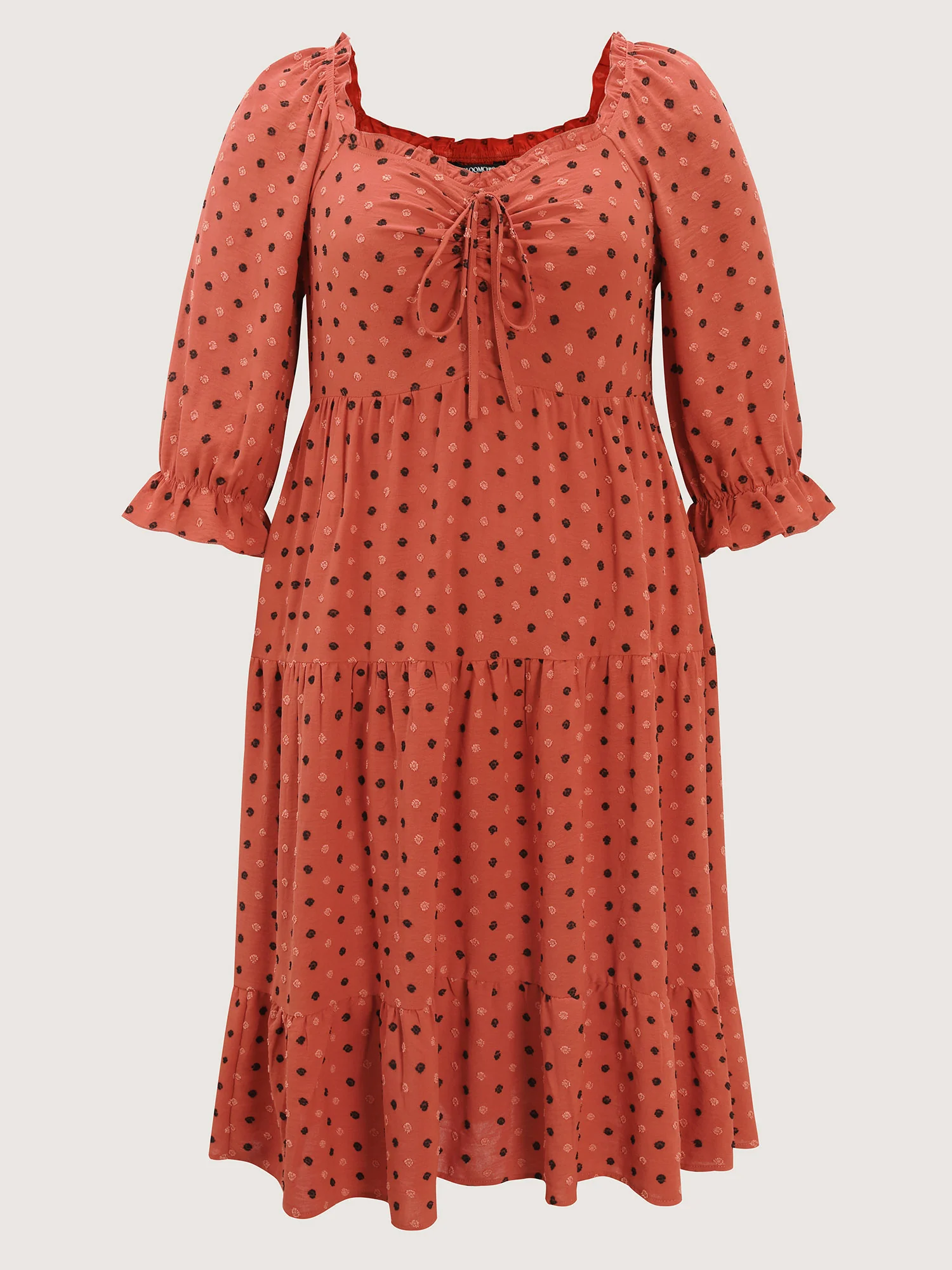 Polka Dots Ruched Drawstring Tiered Midi Dress - Image 7