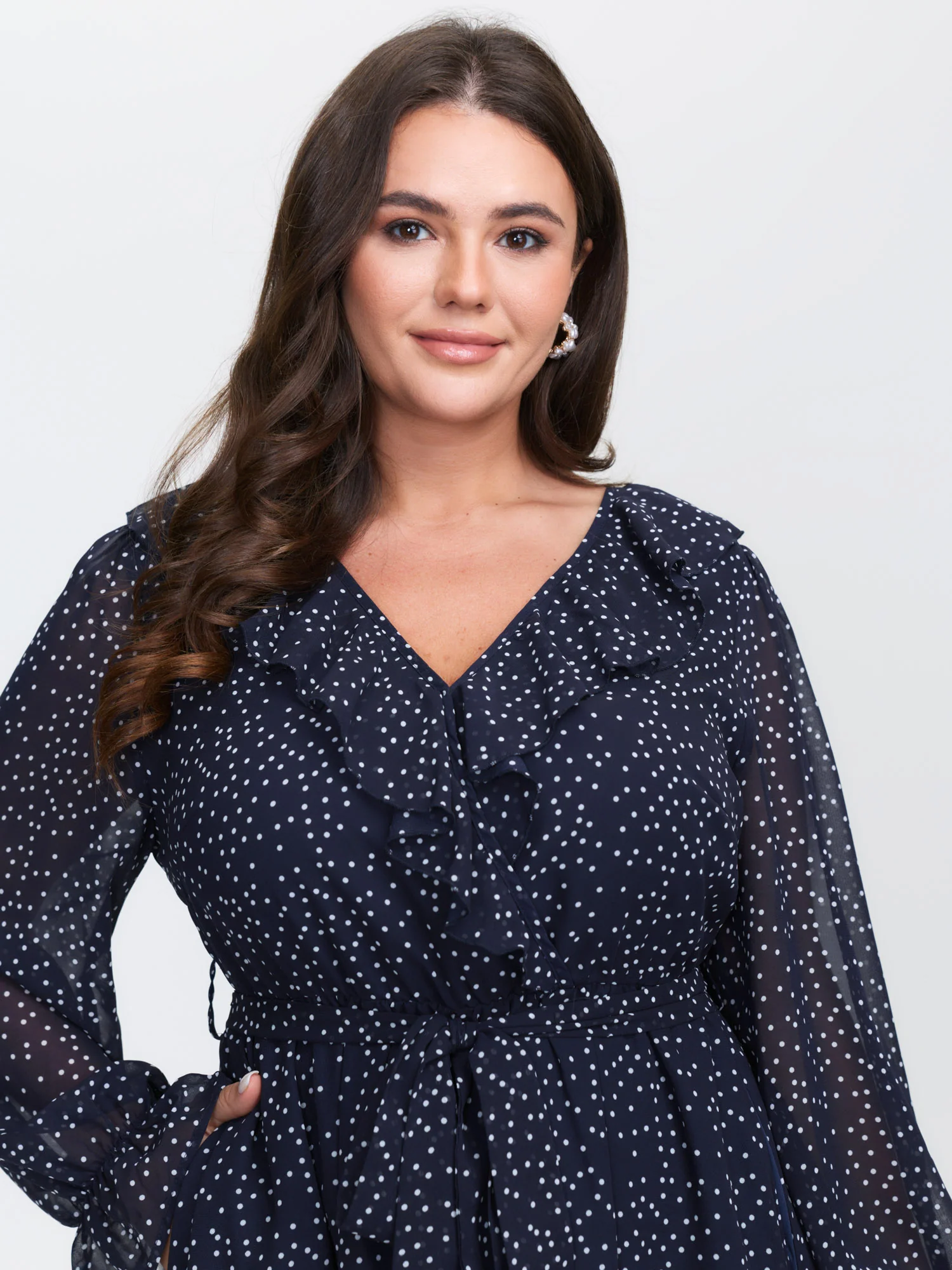 Polka Dots Ruffled Neckline Sheer Maxi Dress - Image 2