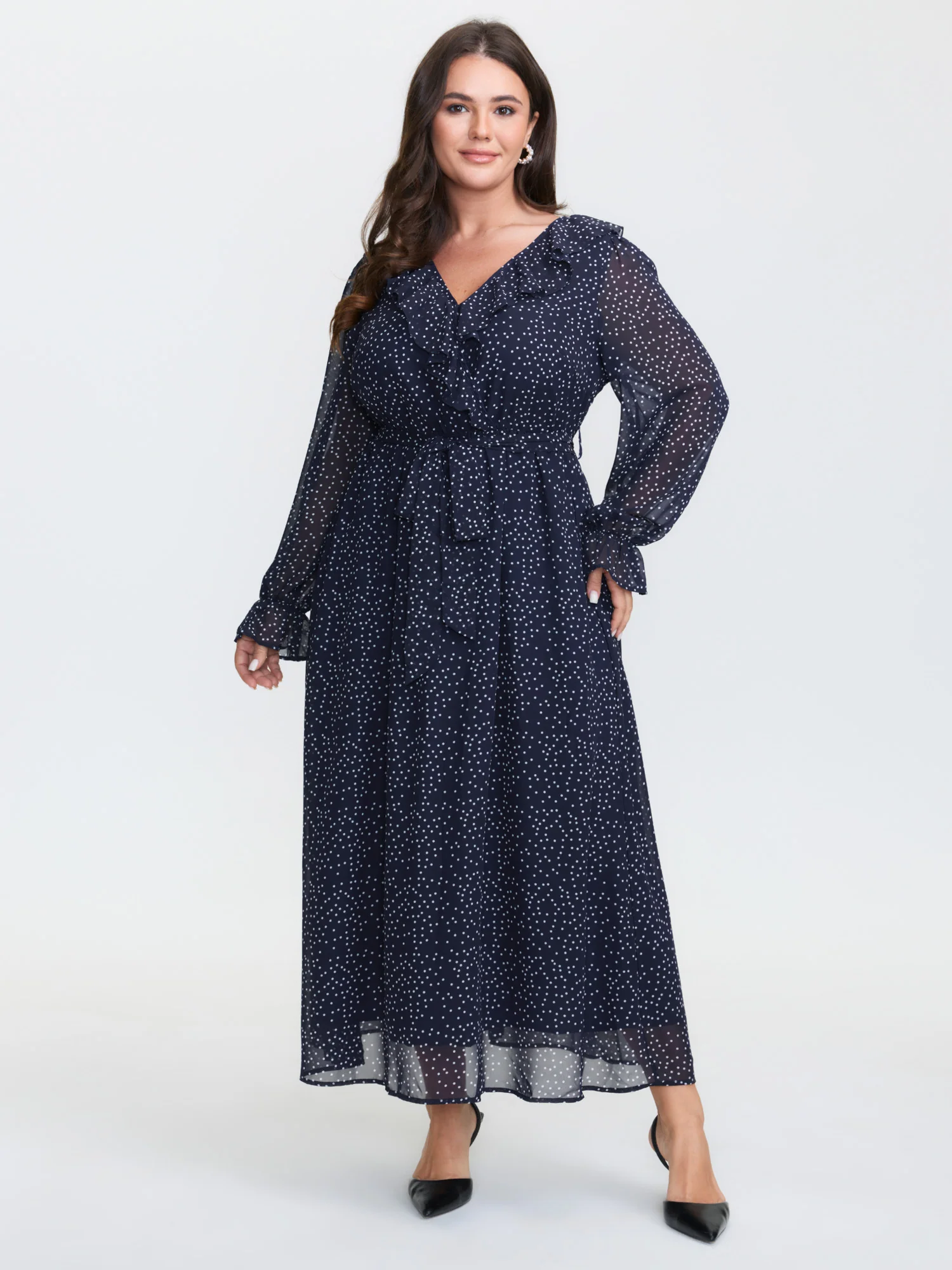 Polka Dots Ruffled Neckline Sheer Maxi Dress - Image 3