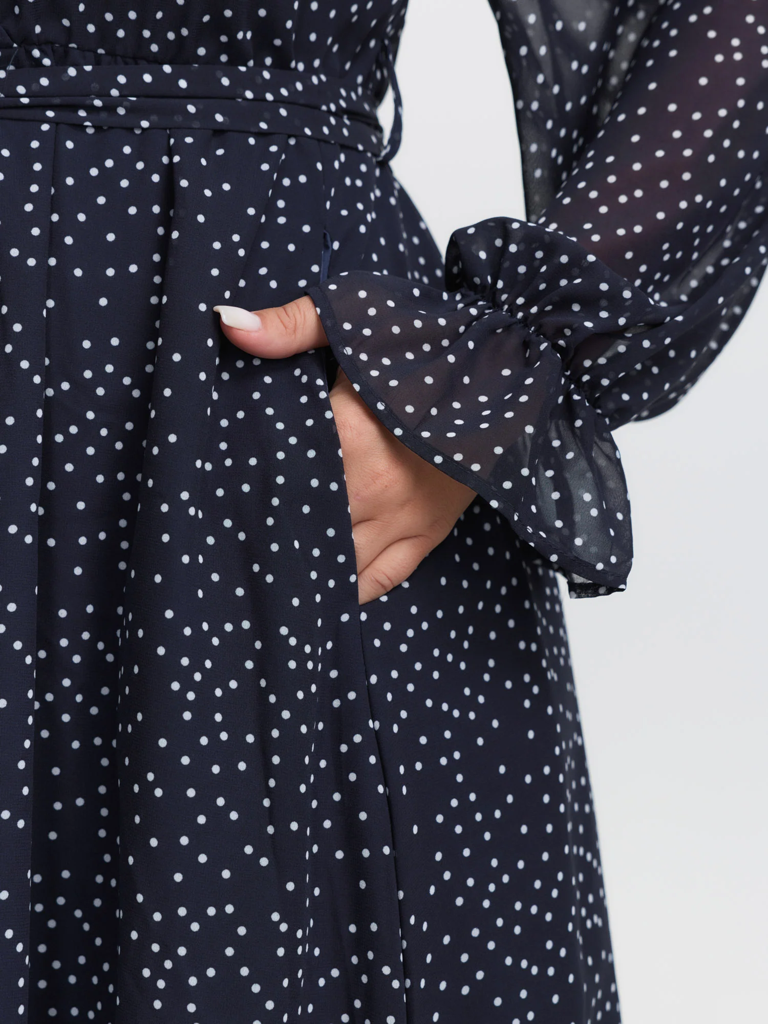 Polka Dots Ruffled Neckline Sheer Maxi Dress - Image 4
