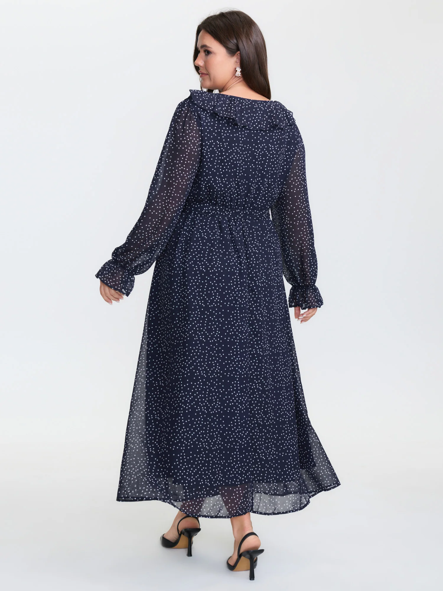 Polka Dots Ruffled Neckline Sheer Maxi Dress - Image 5