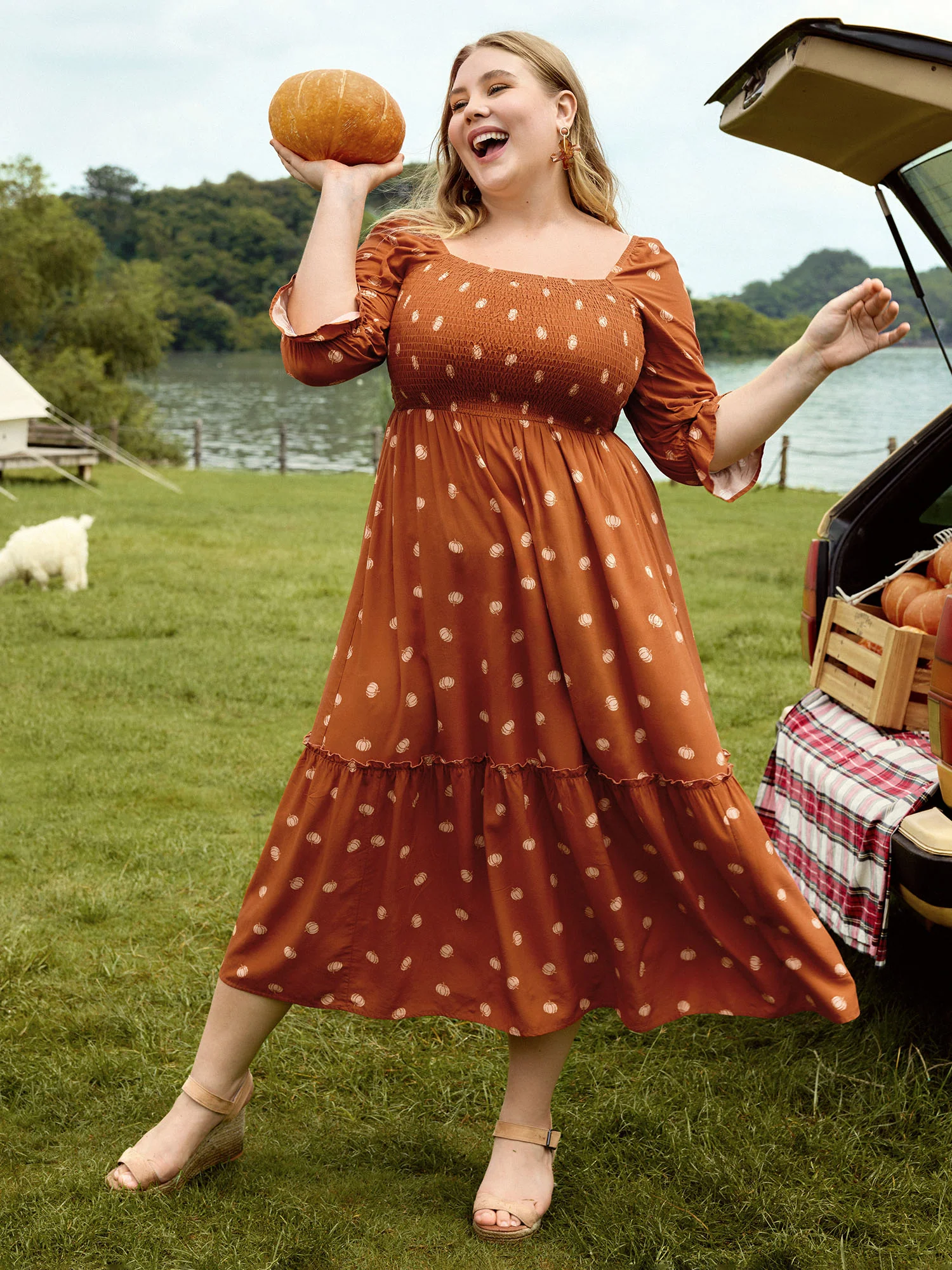 Polka Dots Shirred Bodice Pockets Maxi Dress - Image 5