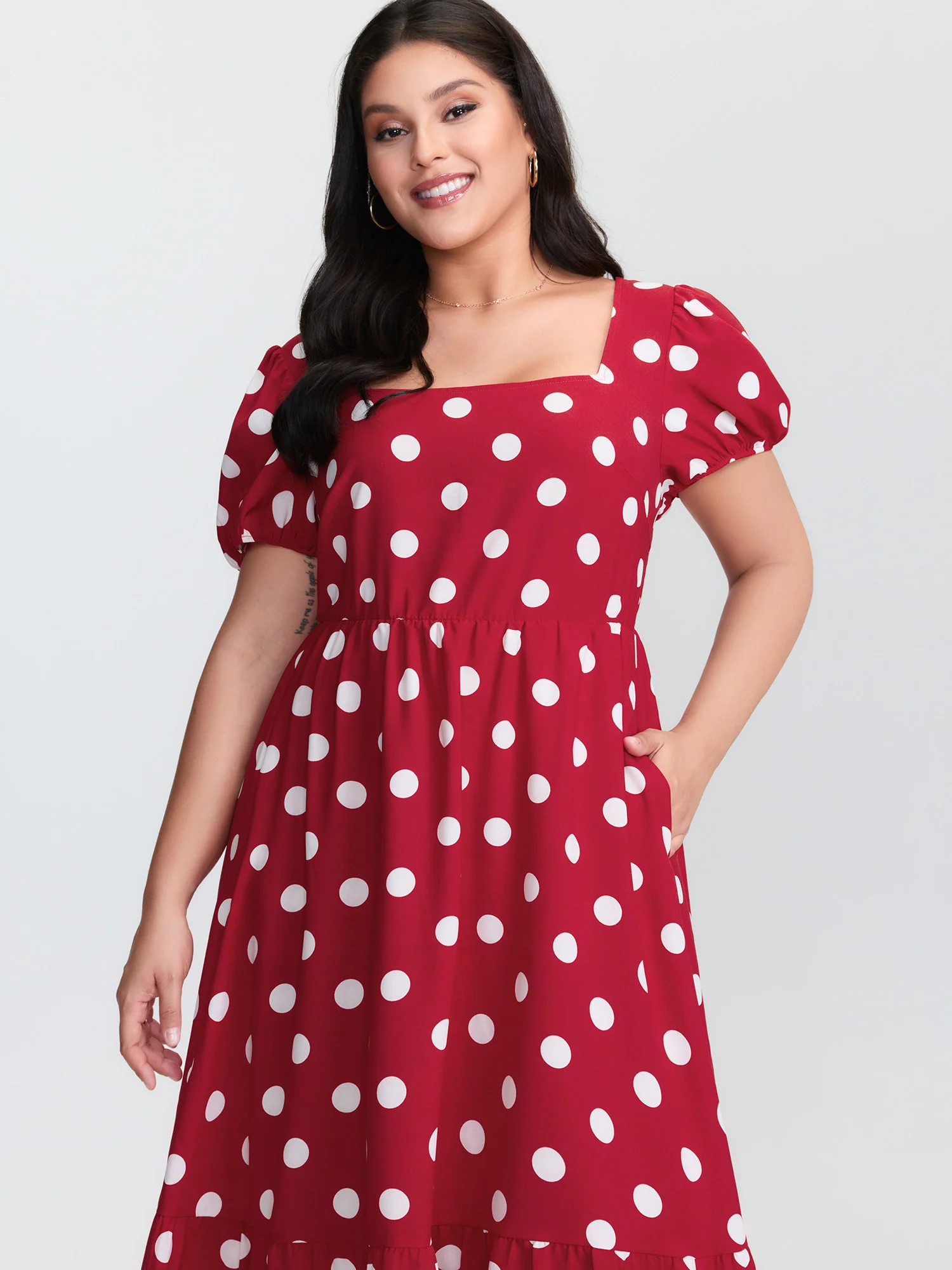 Polka Dots Shirred Cinched Waist Midi Dress - Image 2
