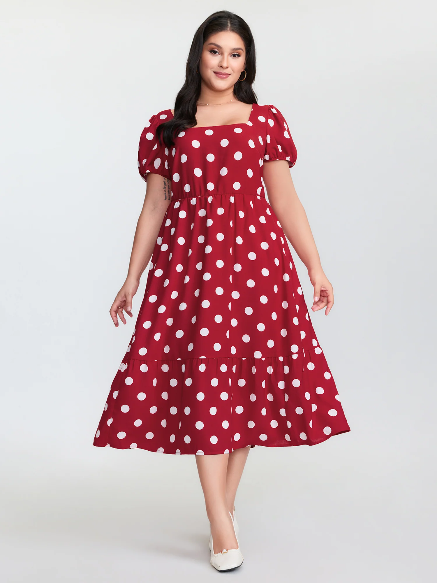 Polka Dots Shirred Cinched Waist Midi Dress - Image 3