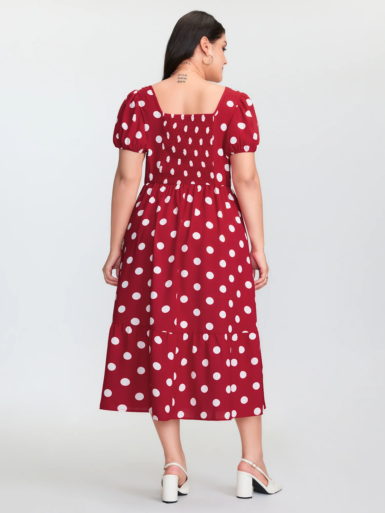 Polka Dots Shirred Cinched Waist Midi Dress - Image 5