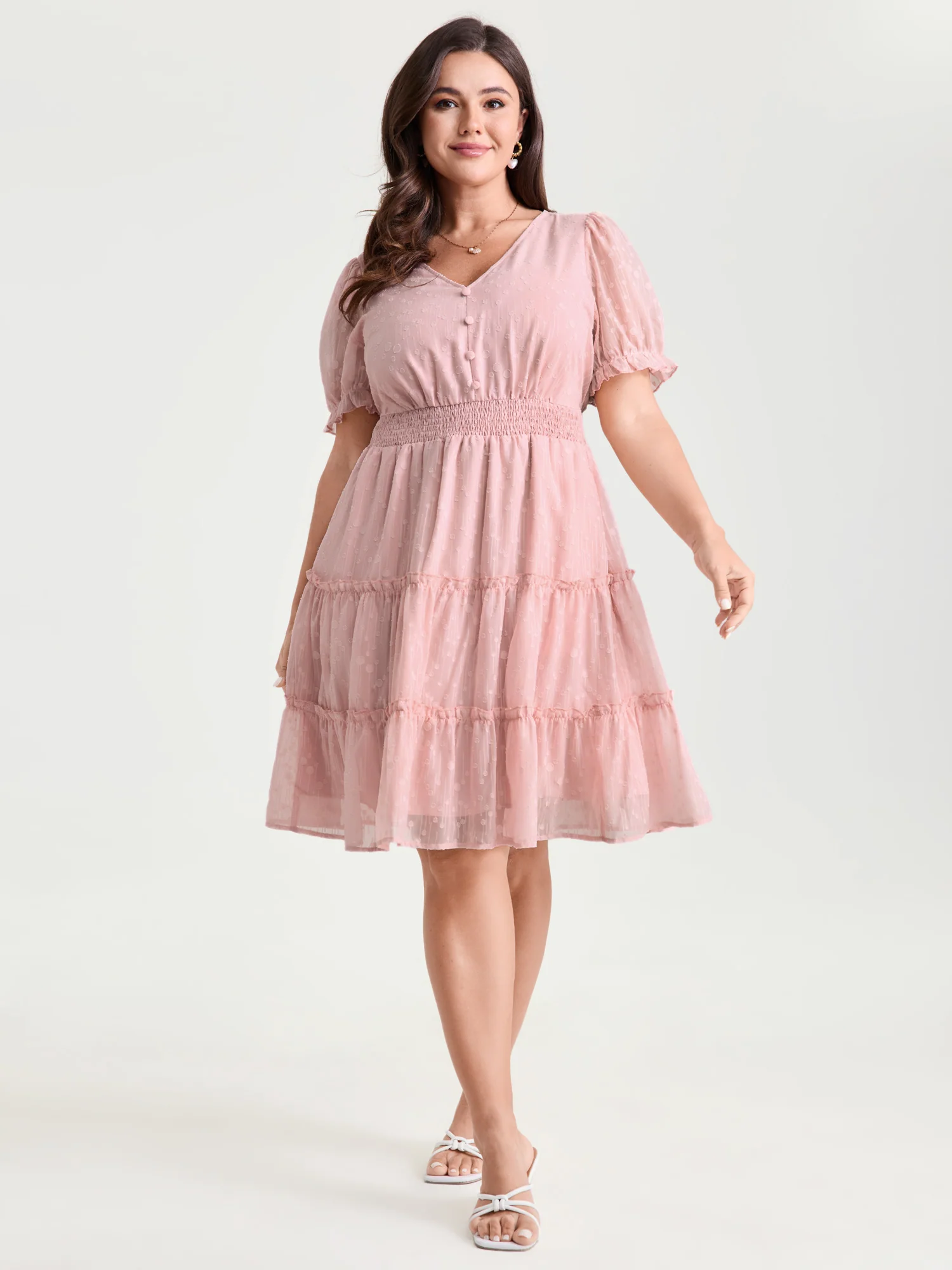 Polka Dots Shirred Cuff Sleeve Tiered Mini Dress - Image 3
