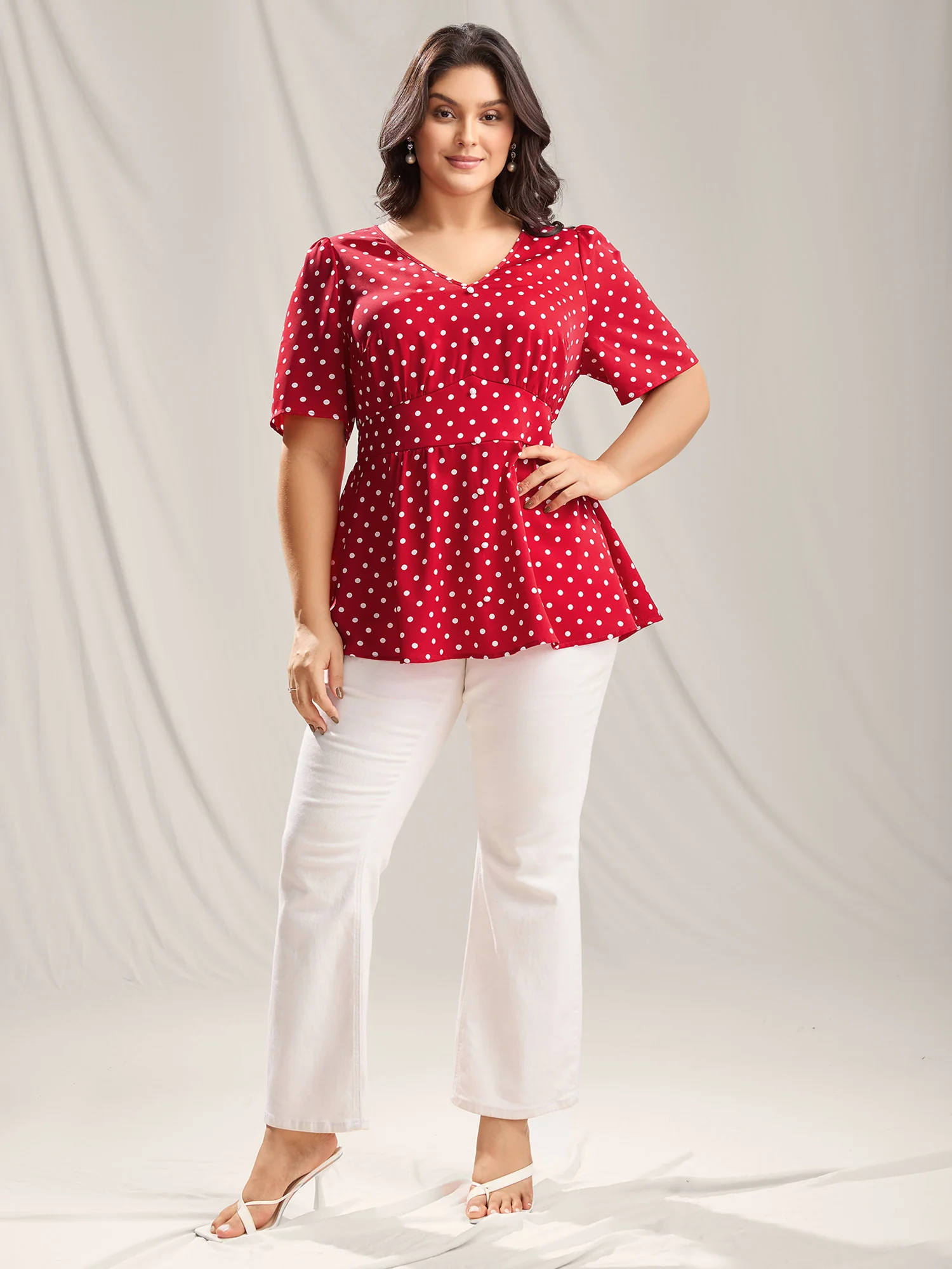 Polka Dots Shirred Waist Blouse - Image 3