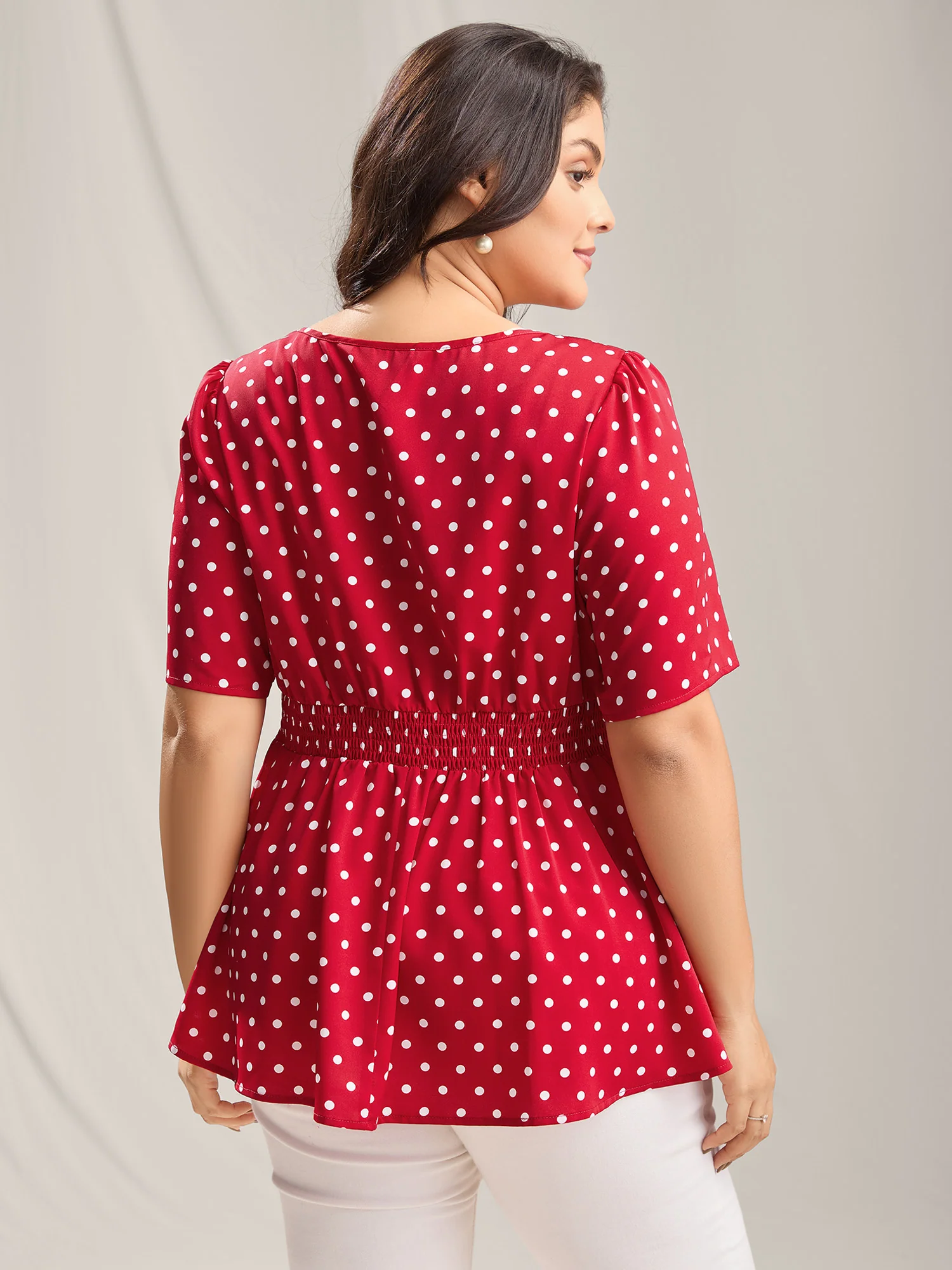 Polka Dots Shirred Waist Blouse - Image 4