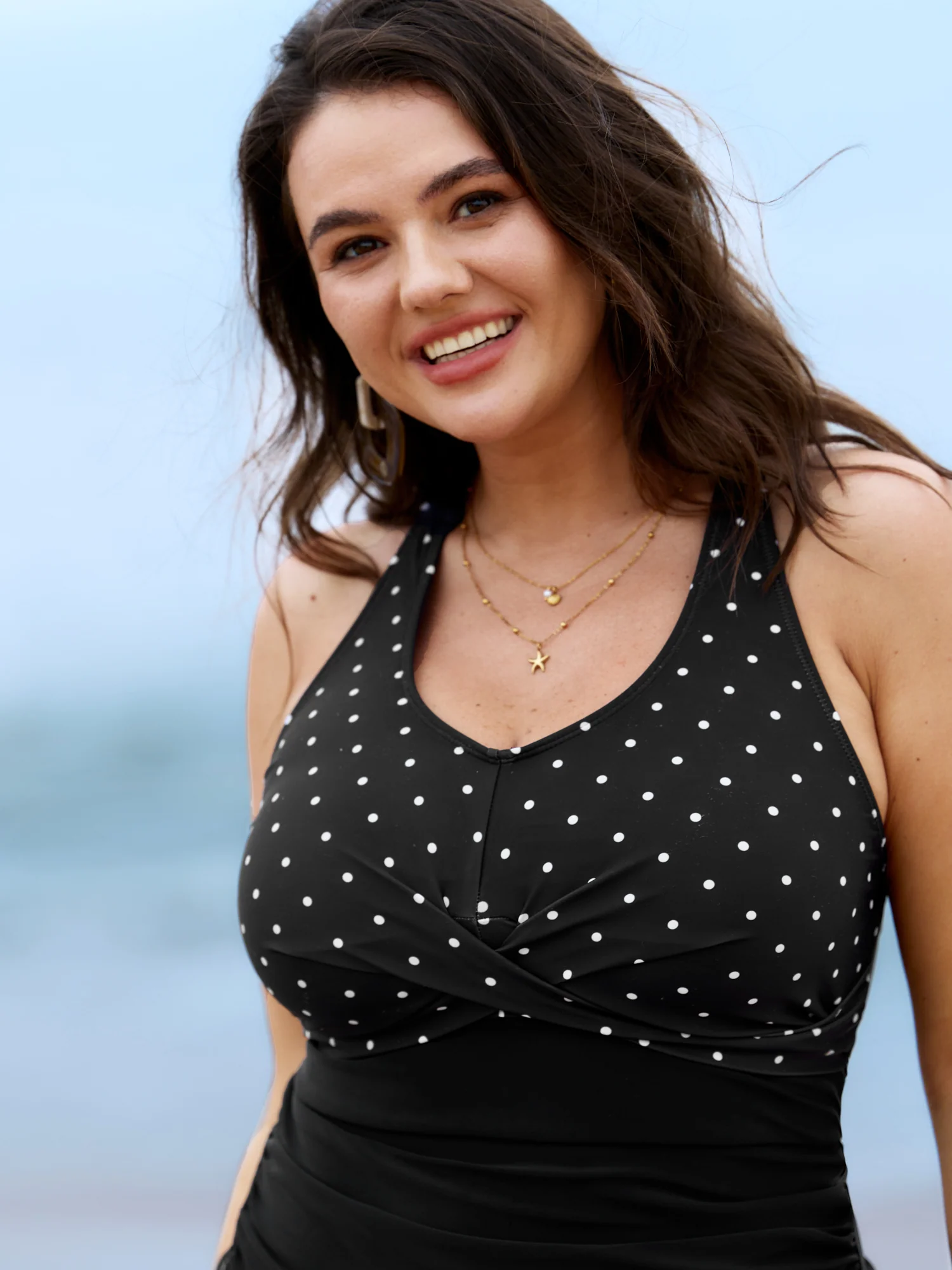 Polka Dots Spliced Ruched One-Piece Swimsuit - Image 2