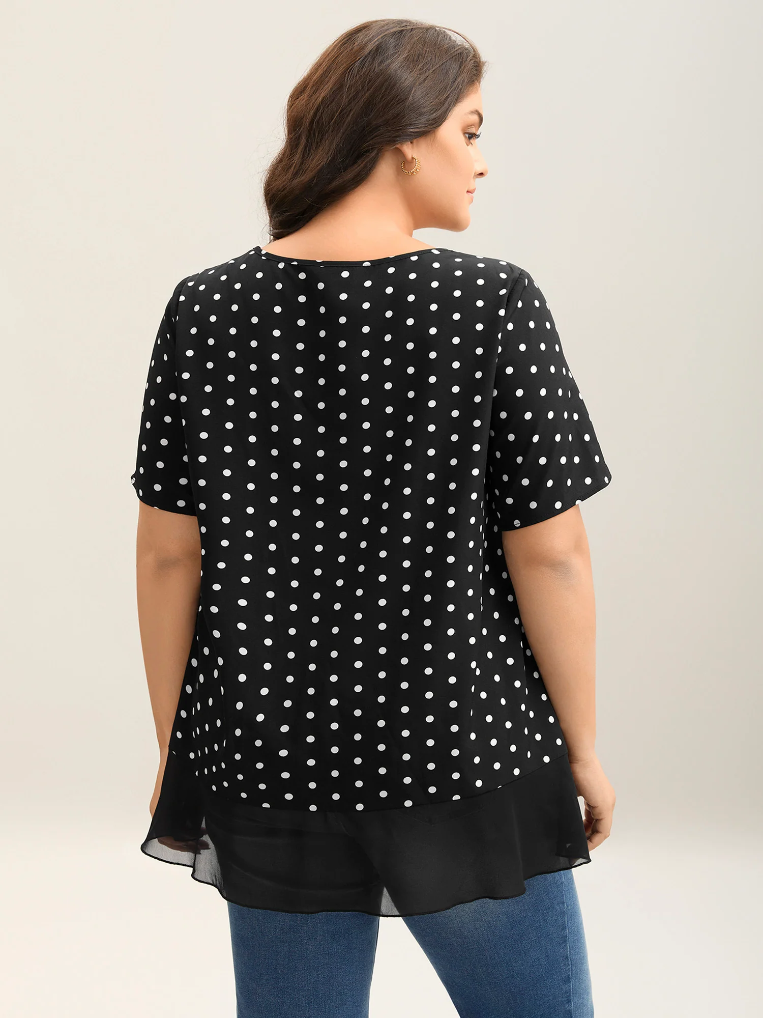 Polka Dots Spliced Ruffled Hem Shirt - Image 2