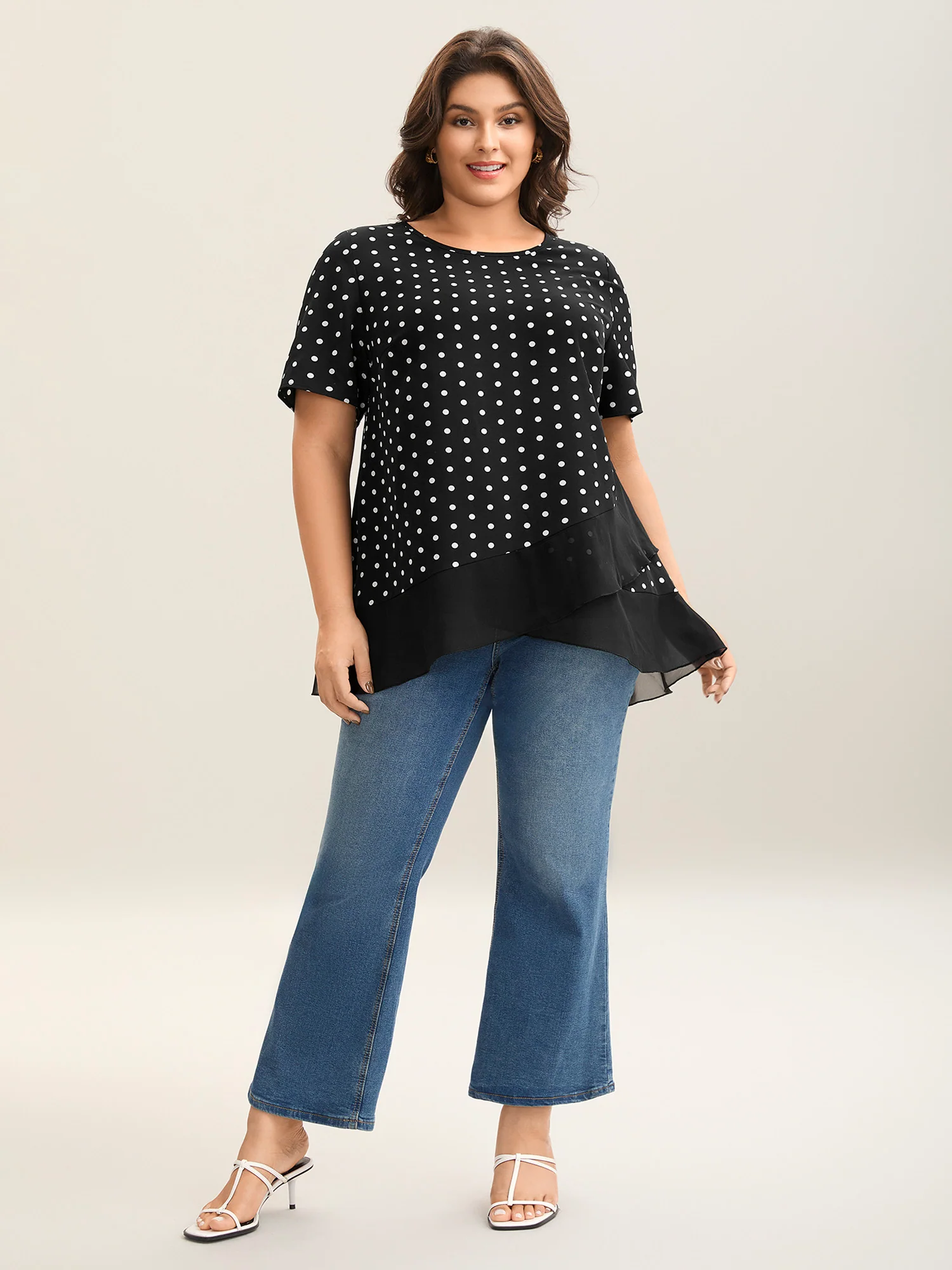 Polka Dots Spliced Ruffled Hem Shirt - Image 3