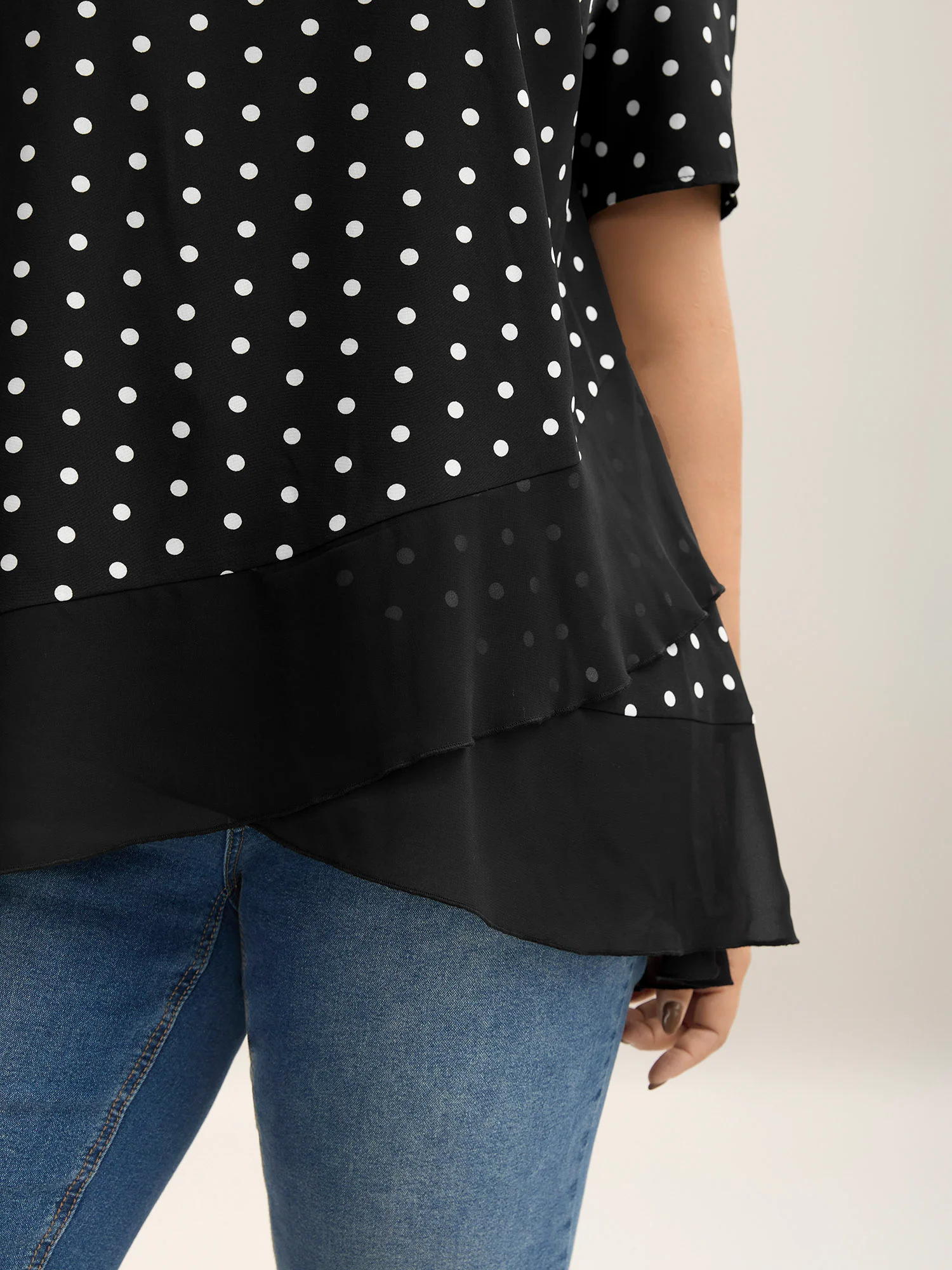 Polka Dots Spliced Ruffled Hem Shirt - Image 5
