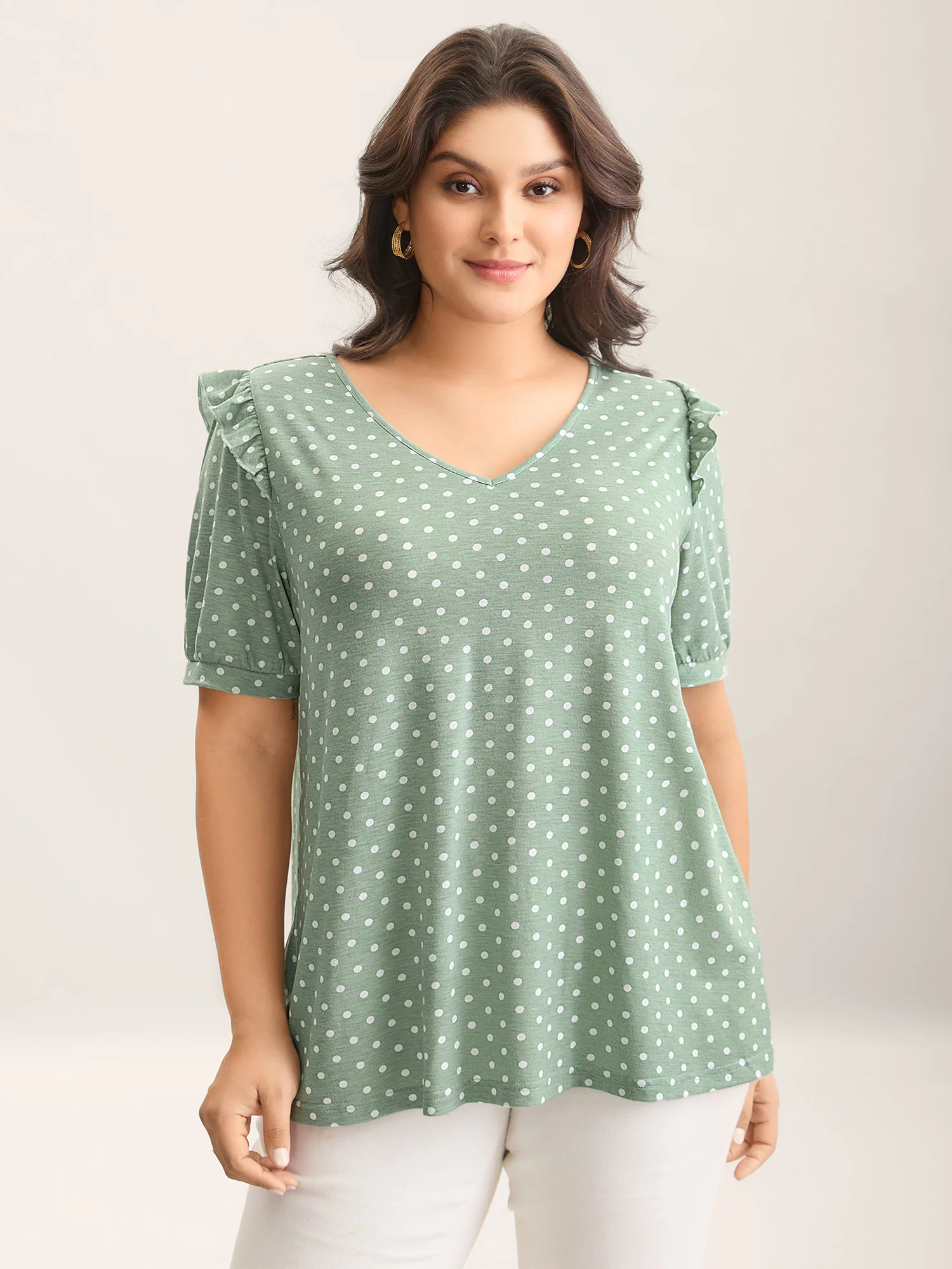 Polka Dots Stretchy Puff Sleeve Top