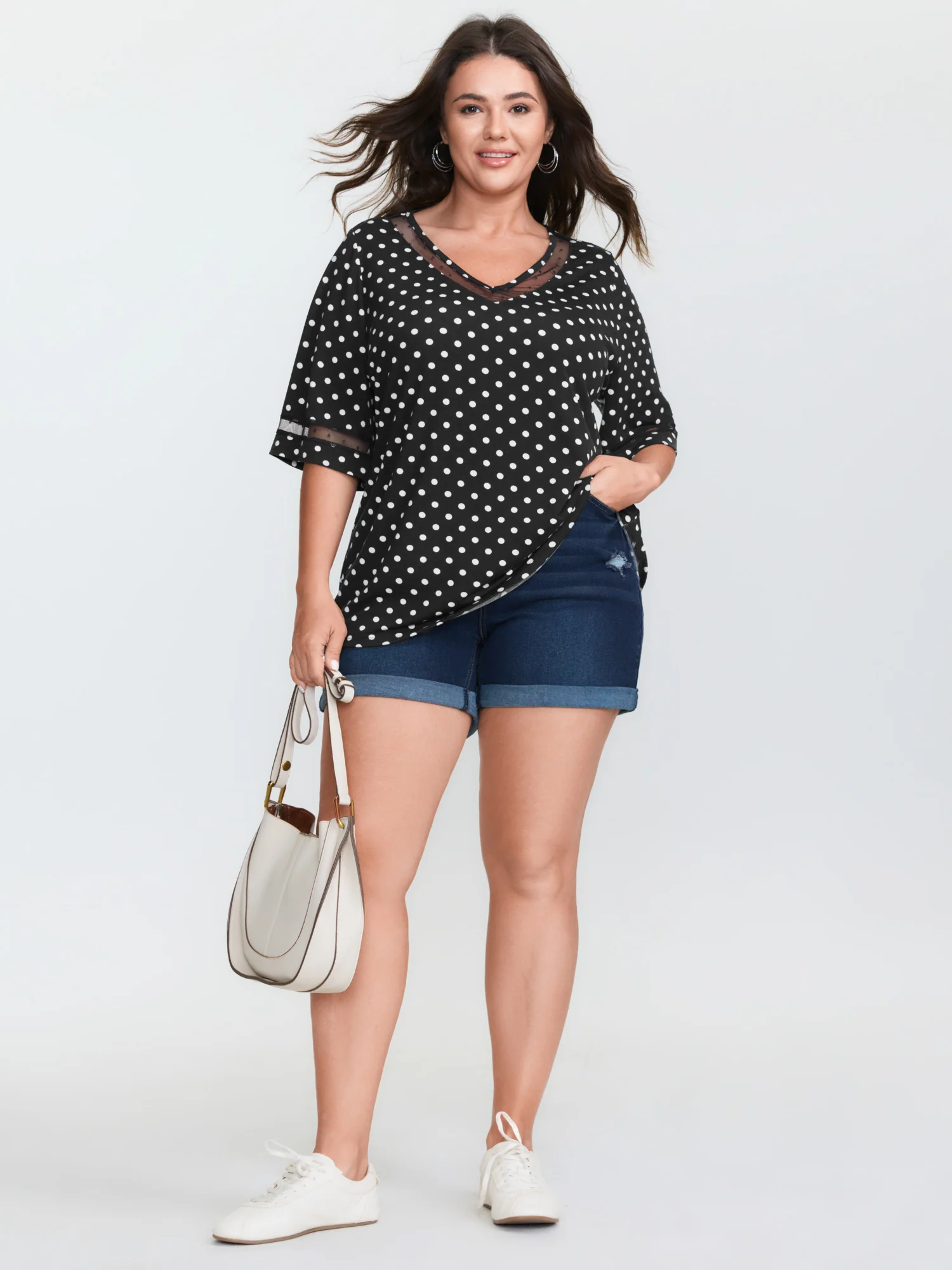 Polka Dots Stretchy V-Neck T-Shirt - Image 3