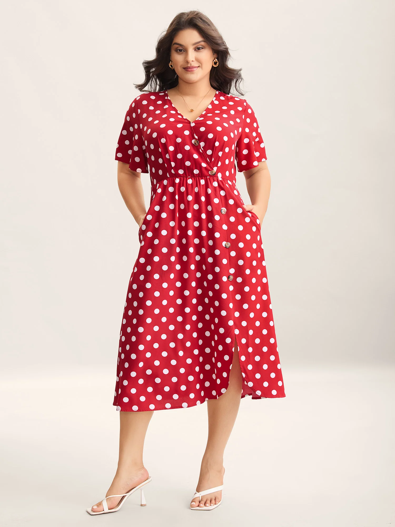 Polka Dots Surplice Button Detail Midi Dress - Image 2