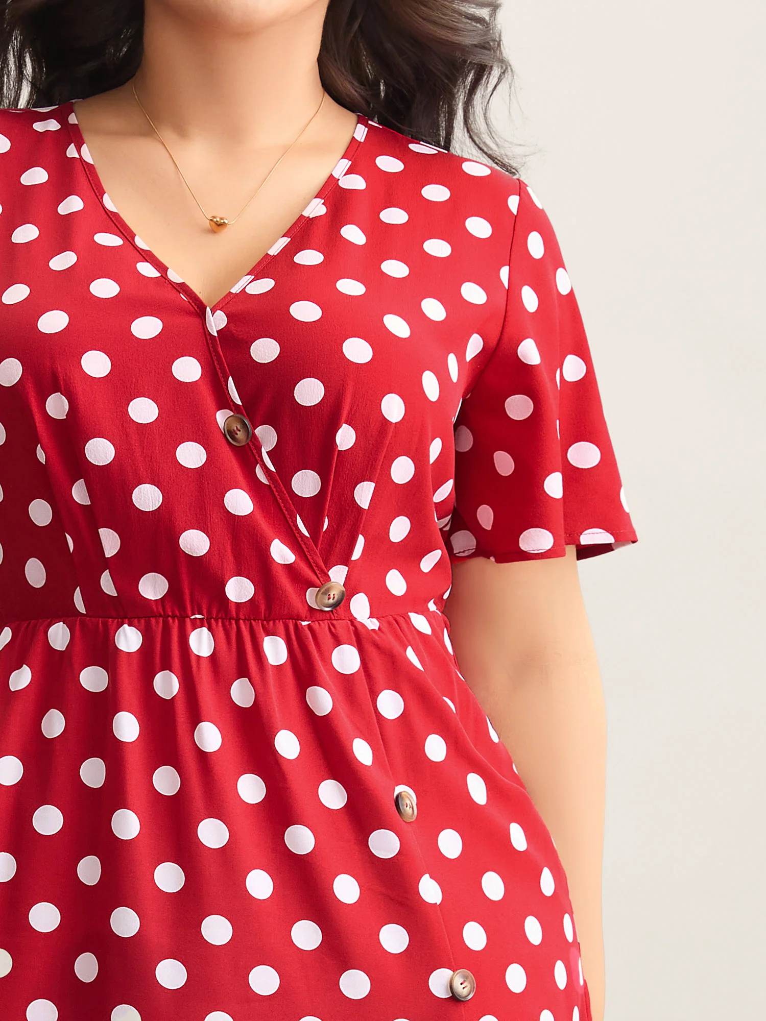 Polka Dots Surplice Button Detail Midi Dress - Image 3