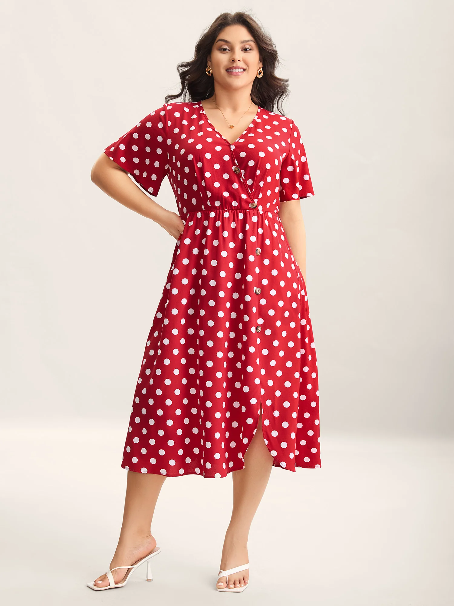 Polka Dots Surplice Button Detail Midi Dress - Image 4
