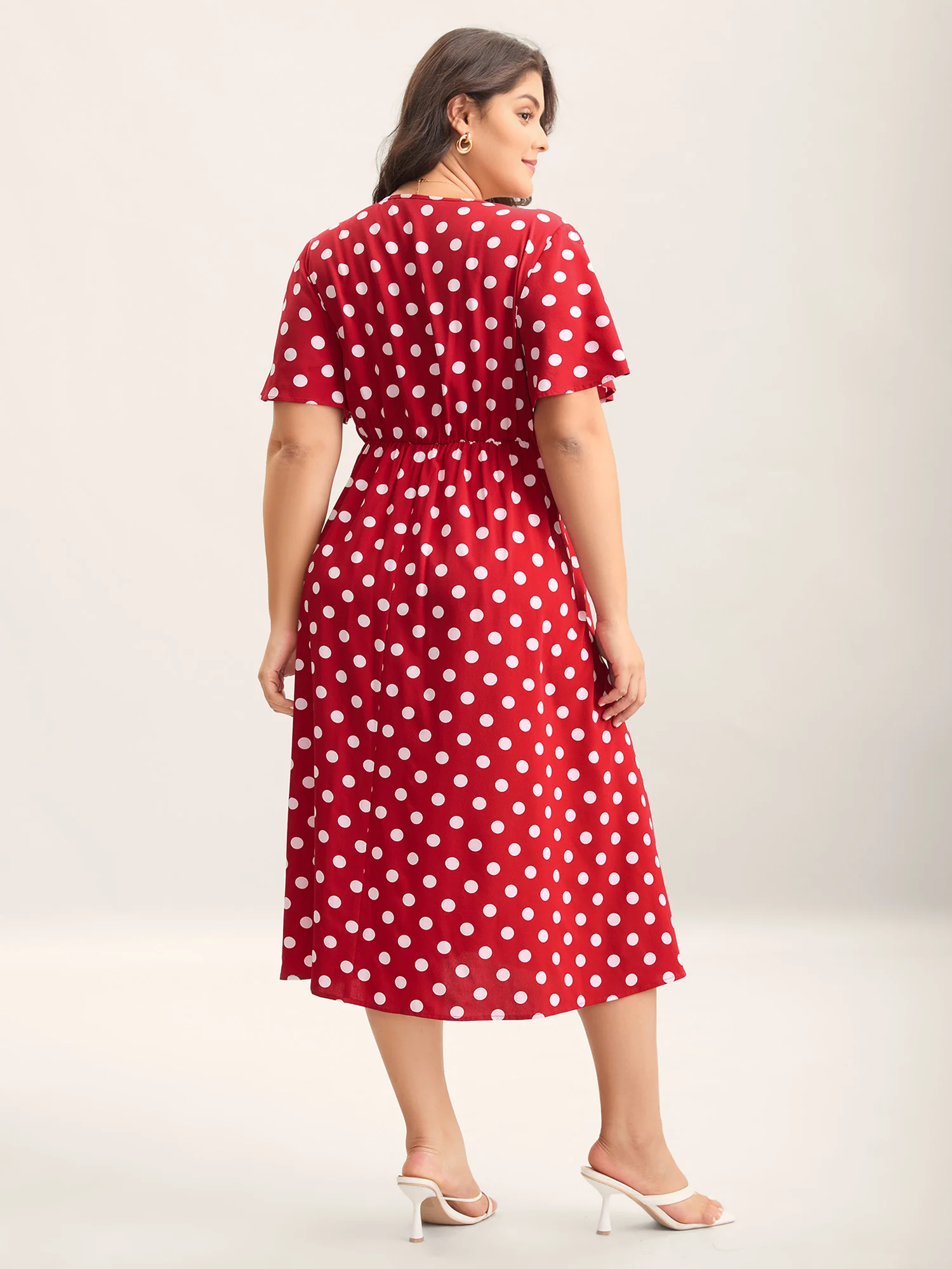 Polka Dots Surplice Button Detail Midi Dress - Image 5