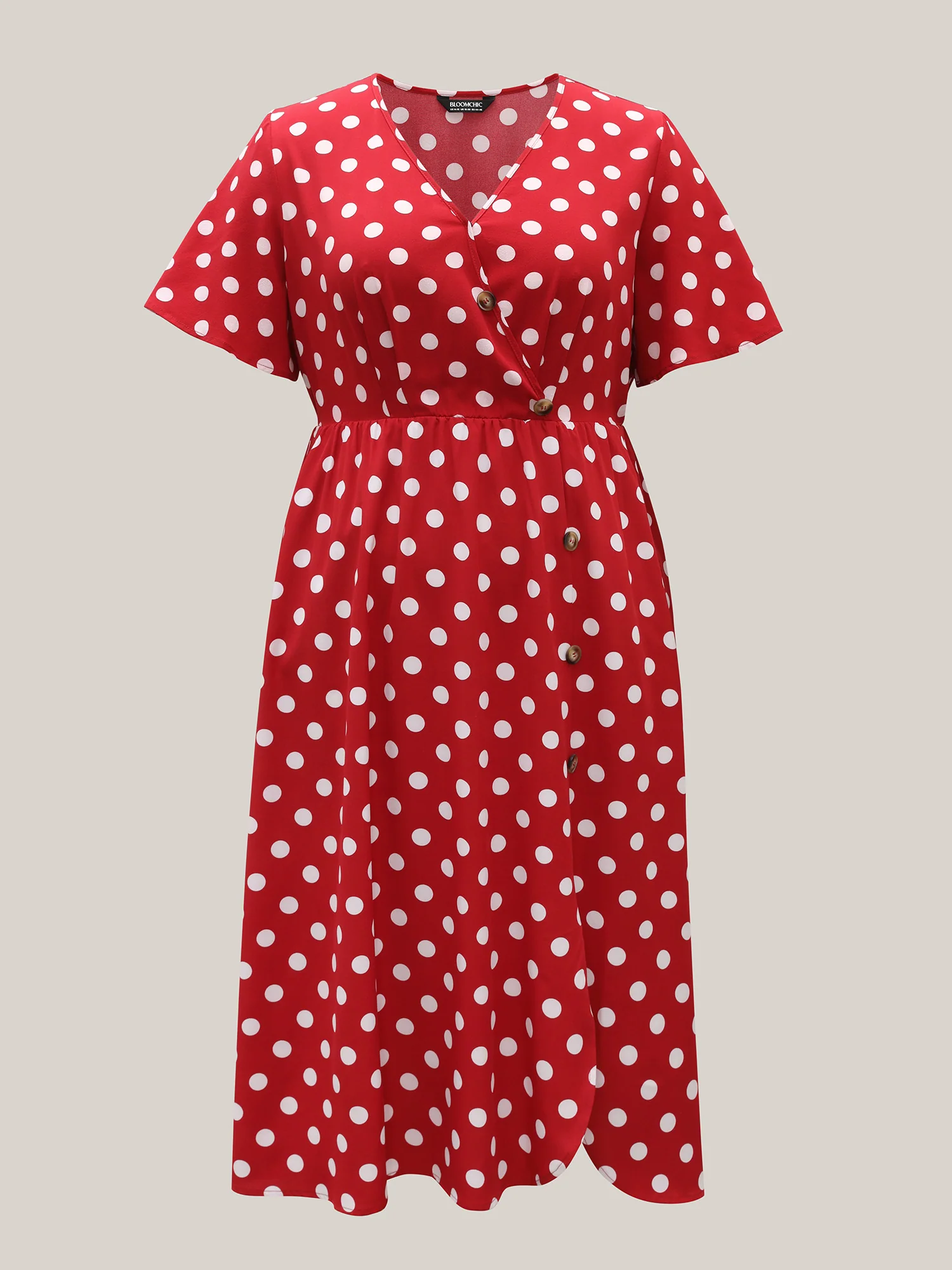 Polka Dots Surplice Button Detail Midi Dress - Image 8