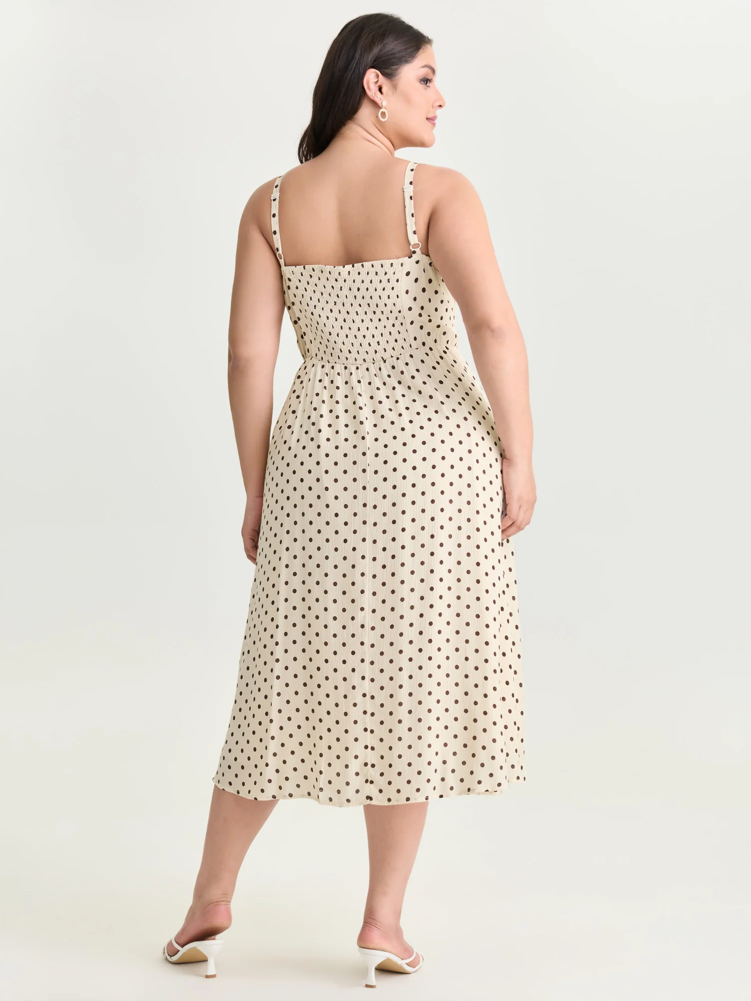Polka Dots Triangular Waist Shirred Midi Dress - Image 4