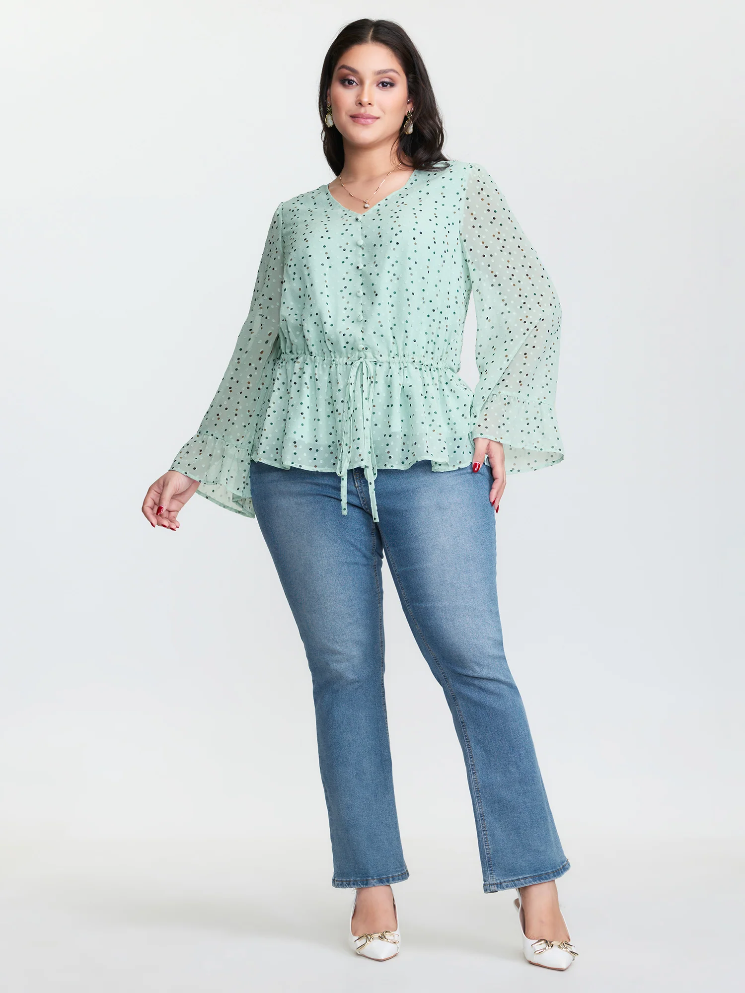 Polka Dots Waist-Tie V-Neck Blouse - Image 2