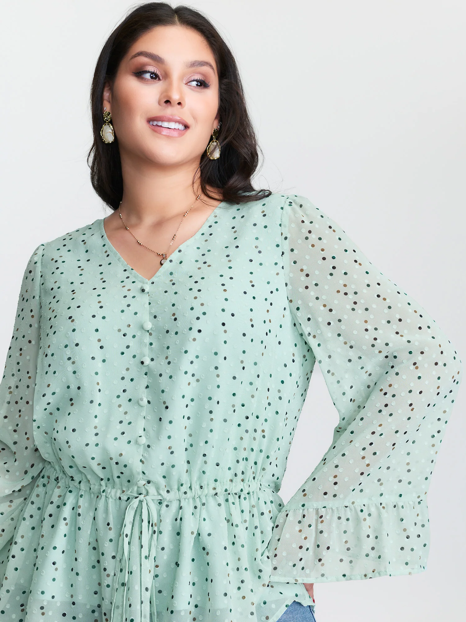 Polka Dots Waist-Tie V-Neck Blouse - Image 3