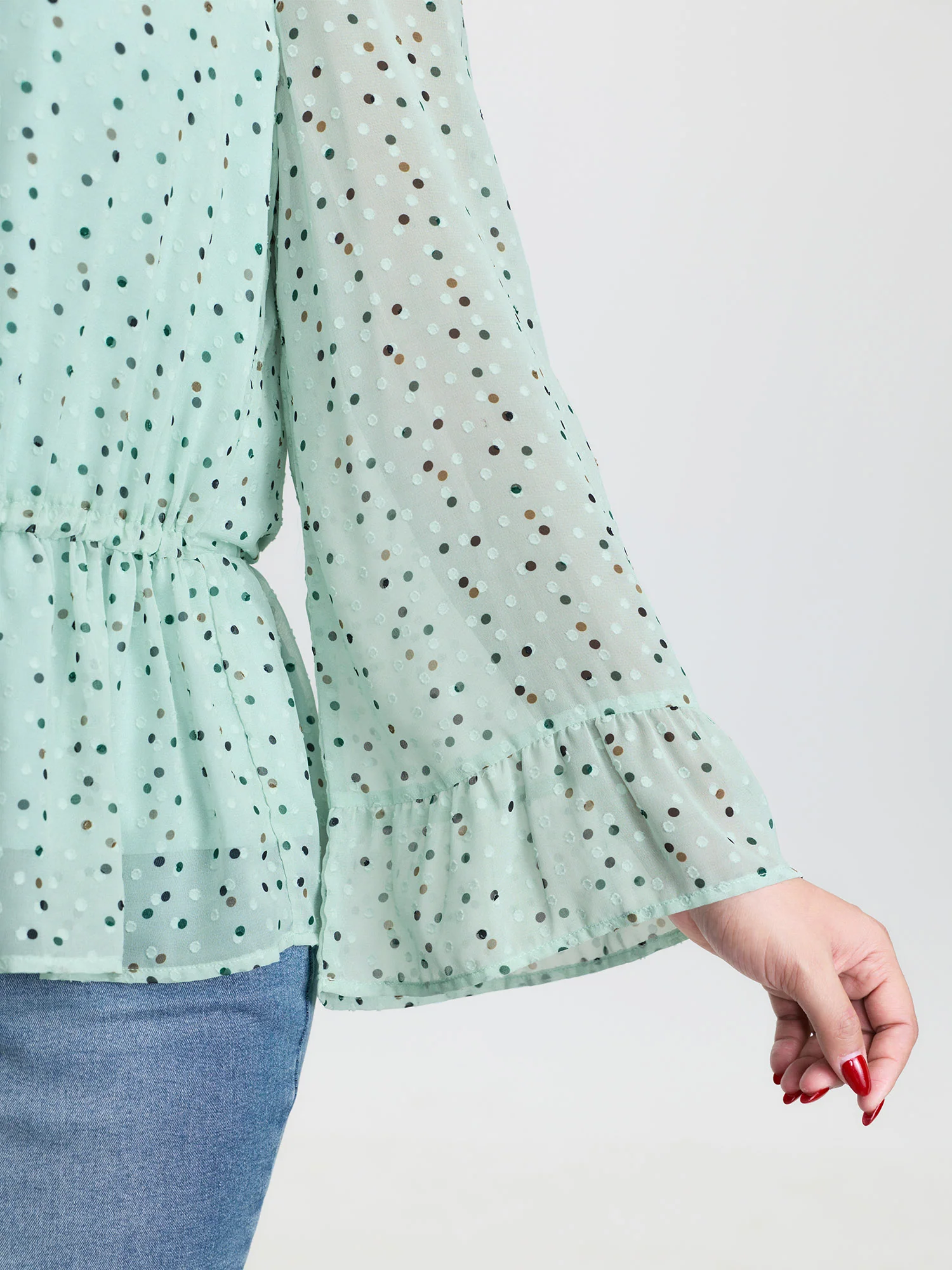 Polka Dots Waist-Tie V-Neck Blouse - Image 4