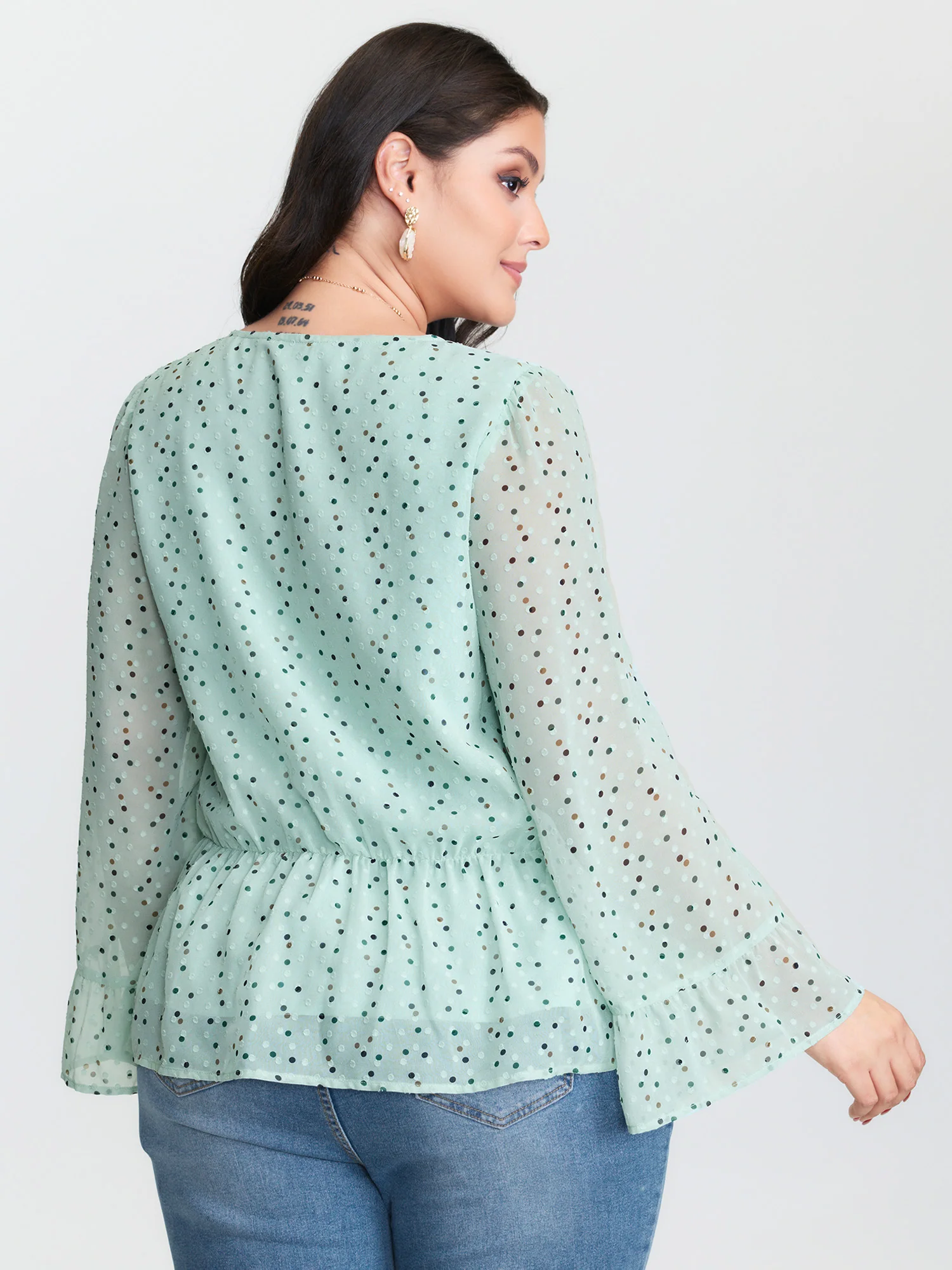 Polka Dots Waist-Tie V-Neck Blouse - Image 5