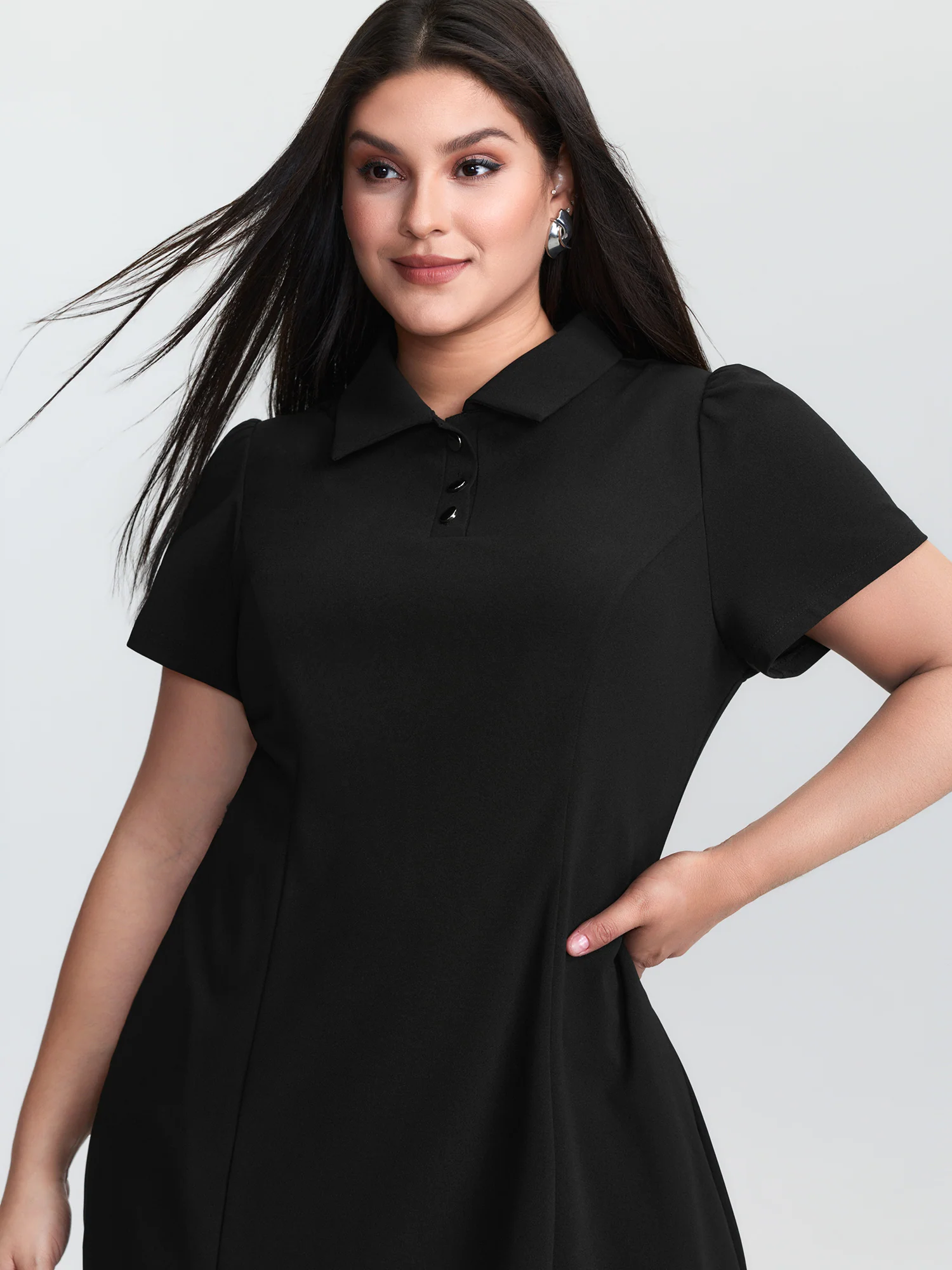 Polo Collar Button Detail Pockets Knee Dress - Image 2