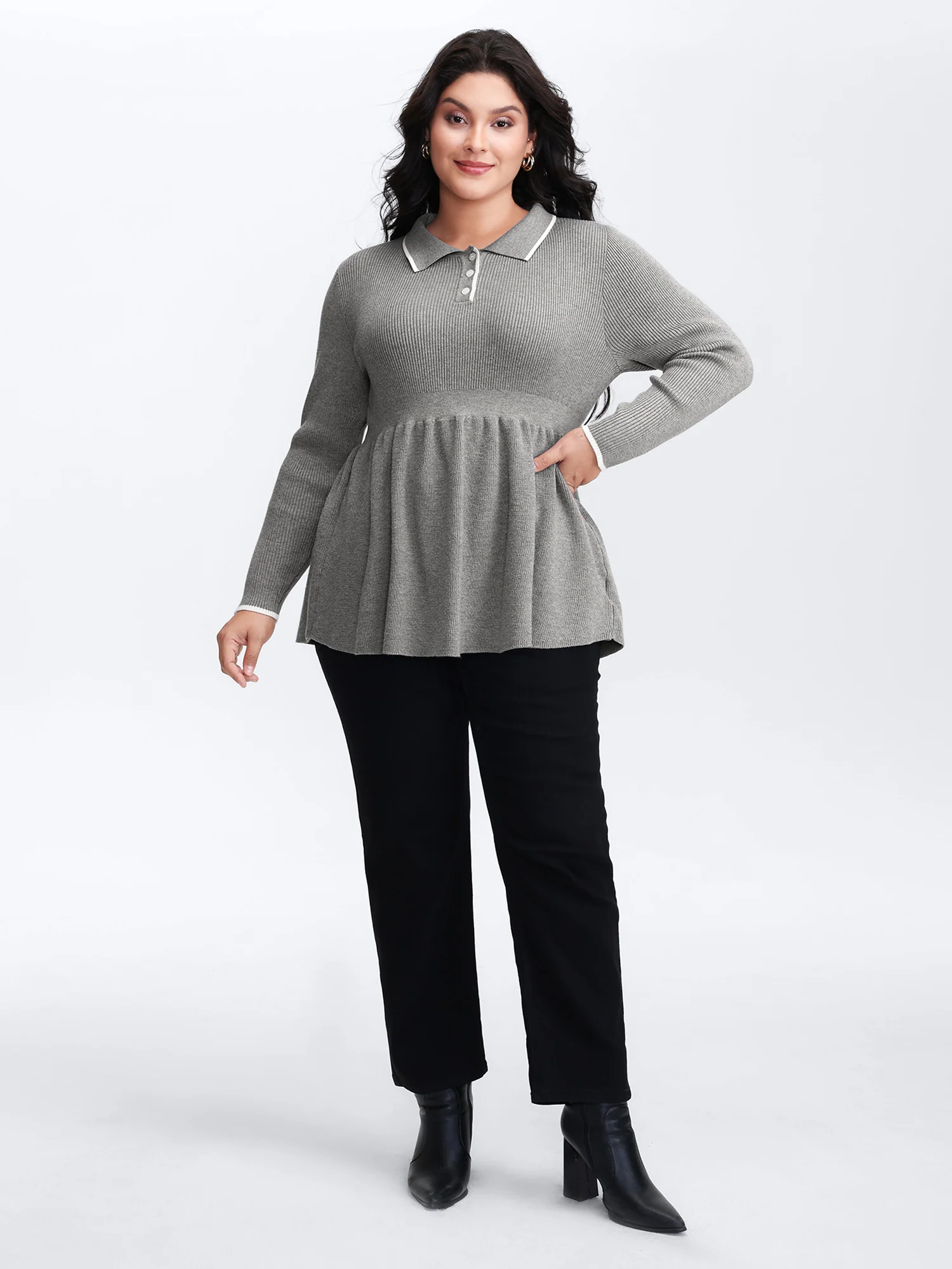 Polo Collar Cinched-Waist Flared Pullover - Image 3
