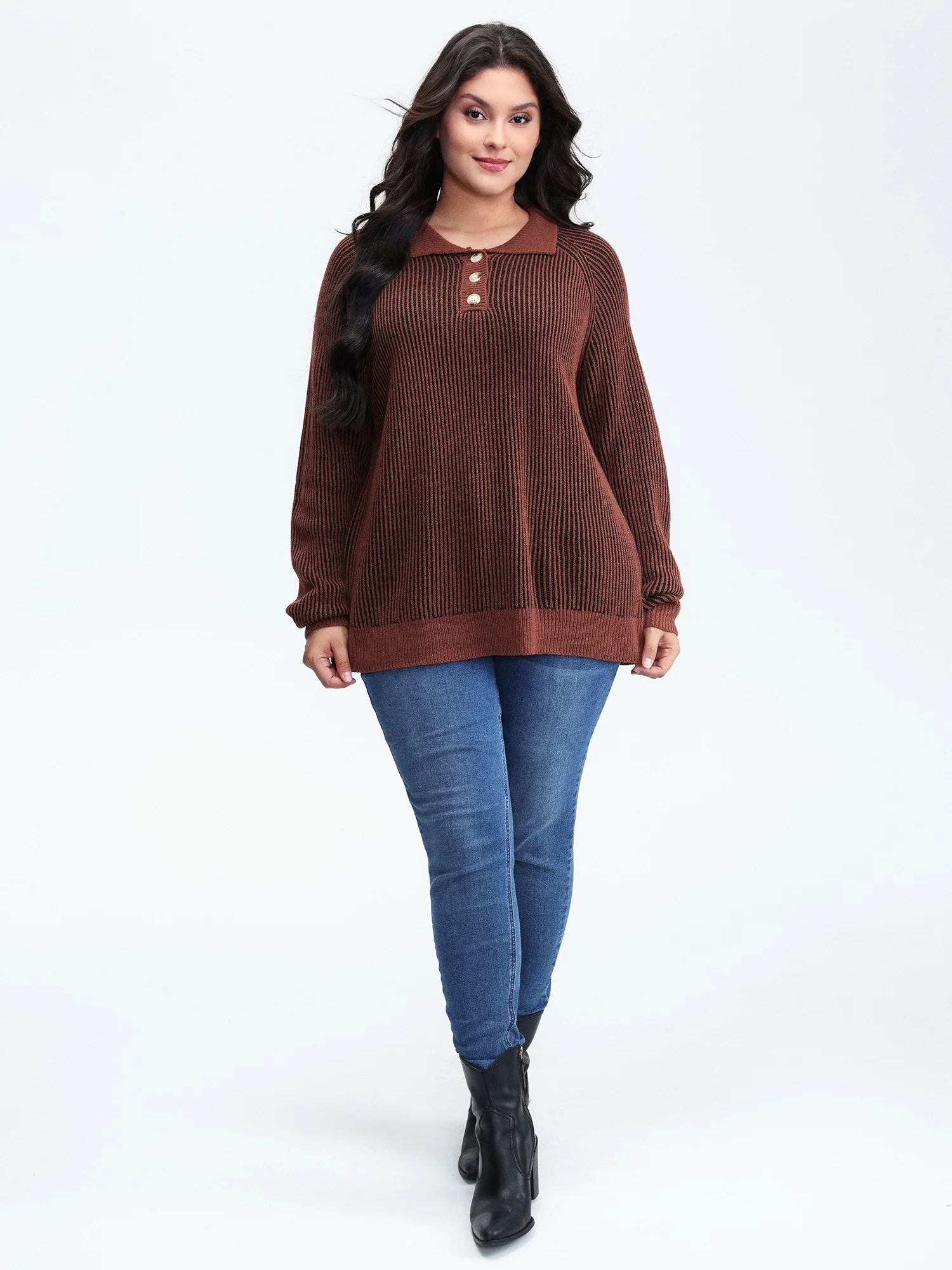 Polo Collar Color Contrast Textured Pullover - Image 3