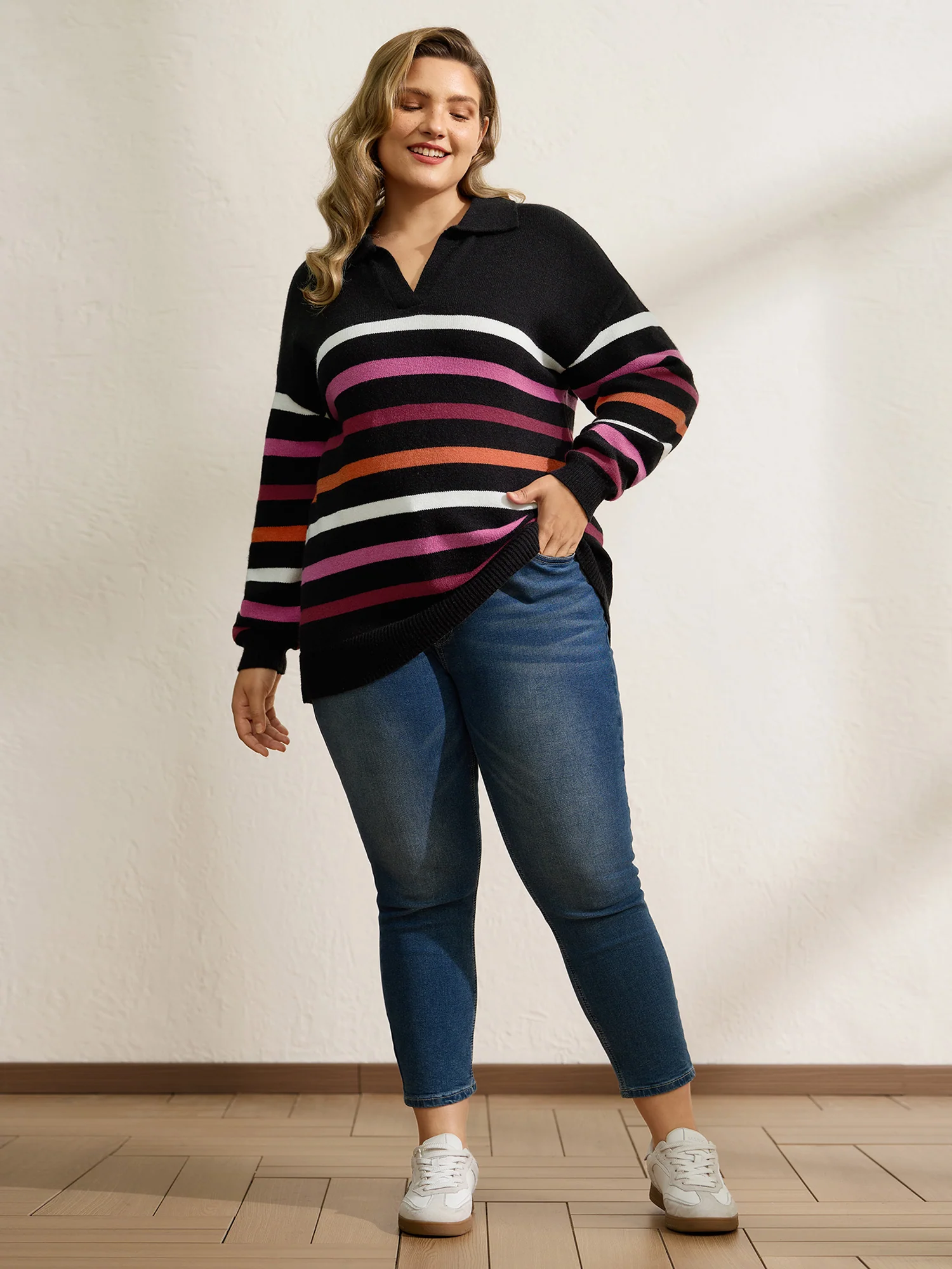 Supersoft Polo Collar Colorful Stripes Pullover - Image 3
