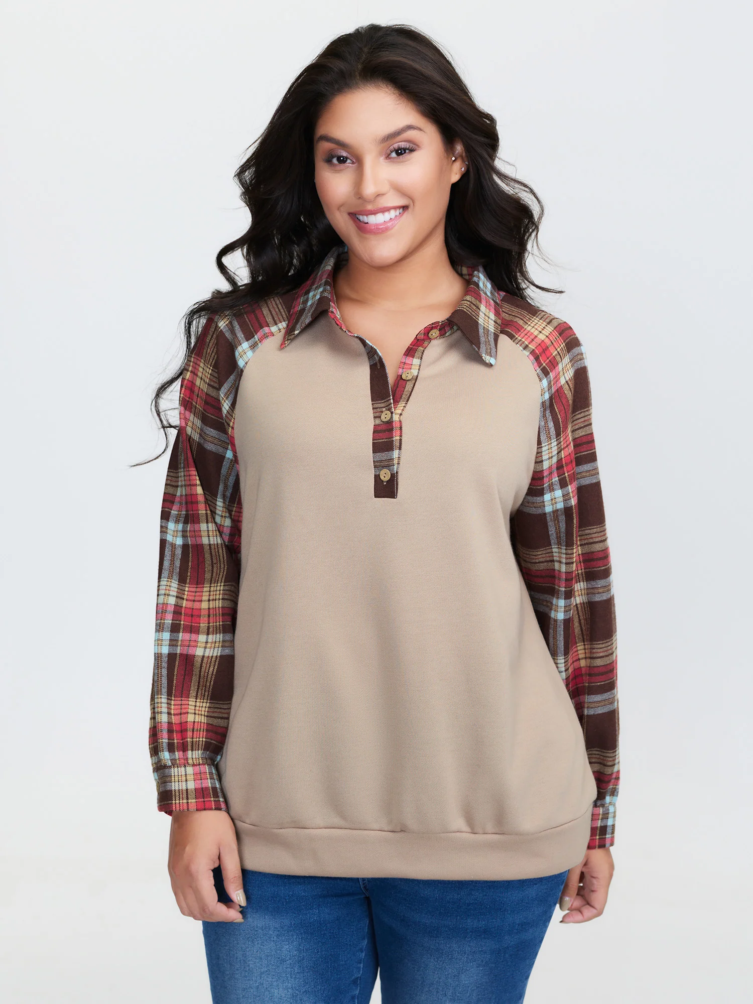 Polo Collar Plaid Contrast Half-Placket Sweatshirt - Image 2