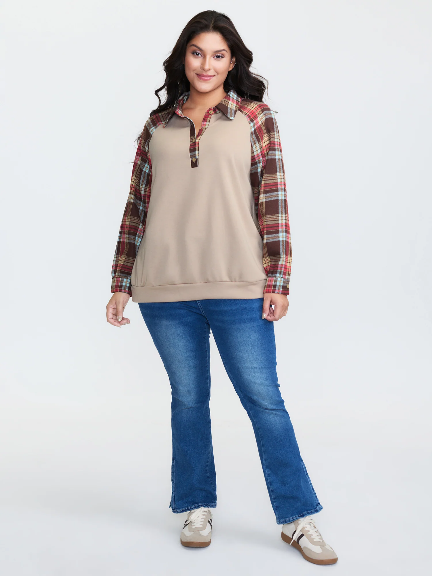 Polo Collar Plaid Contrast Half-Placket Sweatshirt - Image 3