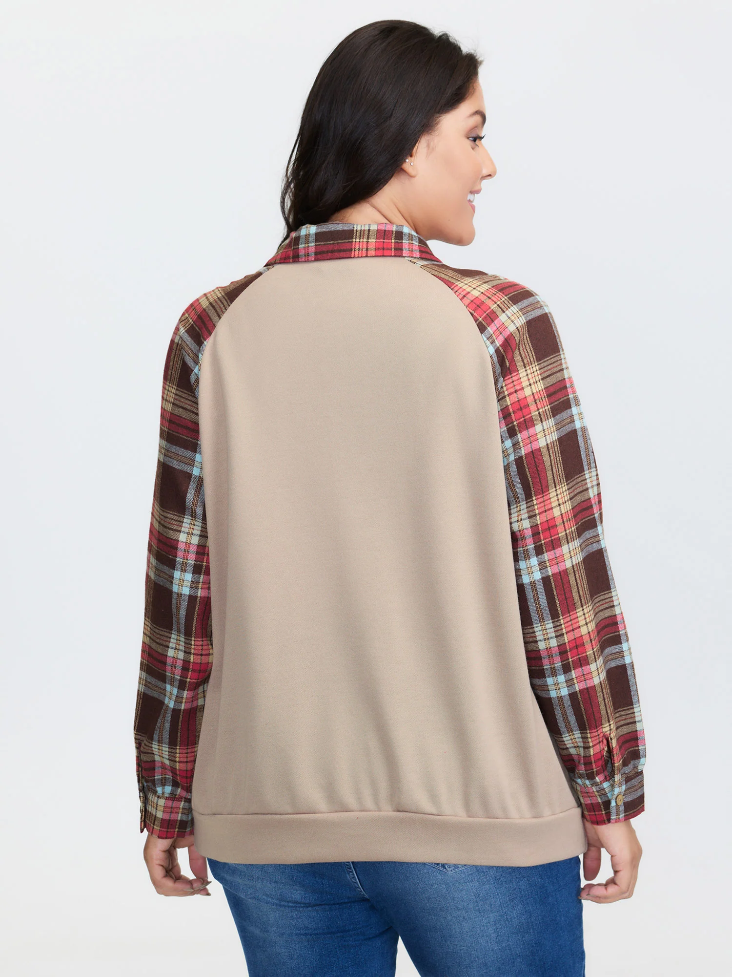 Polo Collar Plaid Contrast Half-Placket Sweatshirt - Image 4