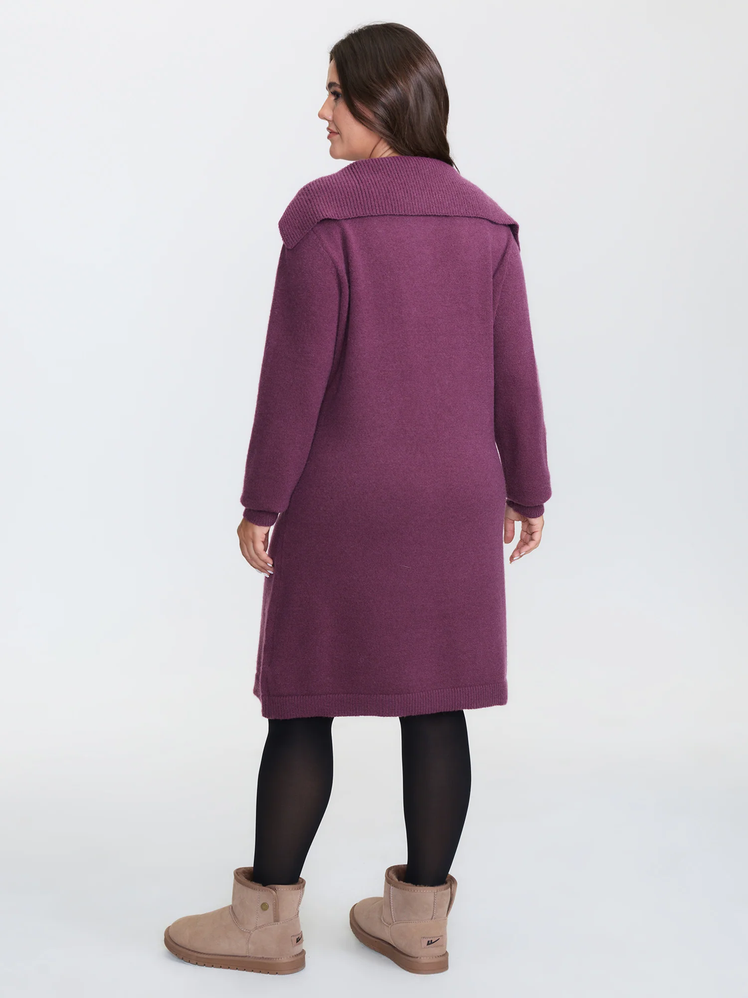 Polo Collar Ribbed Plain Sweater Dress - Image 4