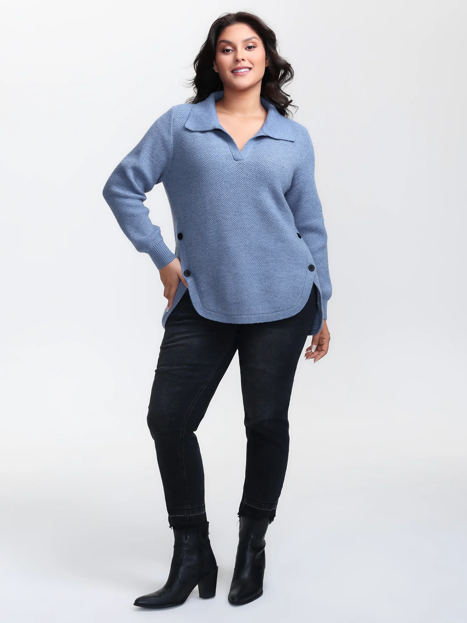Polo Collar Side Buttons Curvy Pullover - Image 2