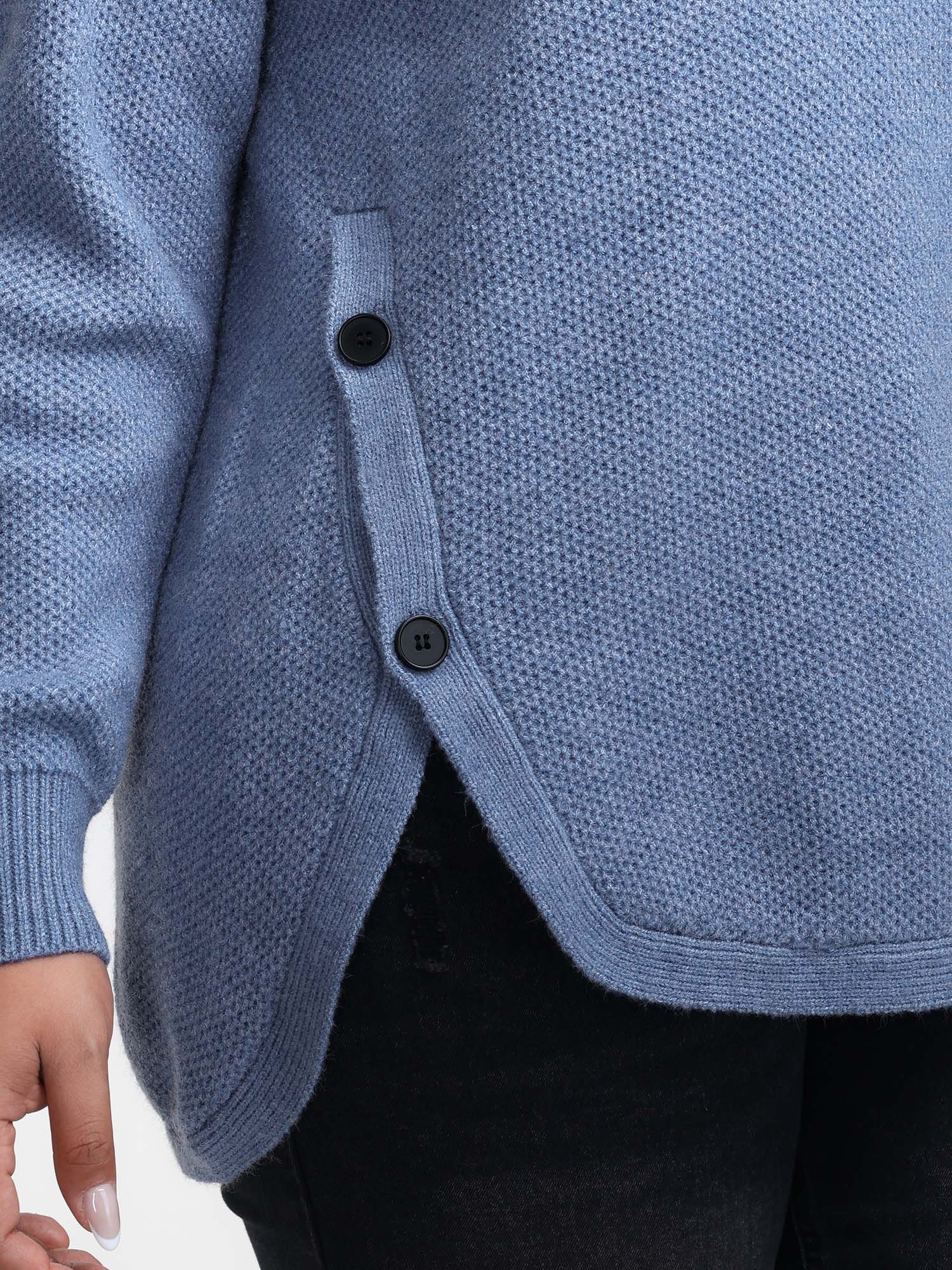 Polo Collar Side Buttons Curvy Pullover - Image 3